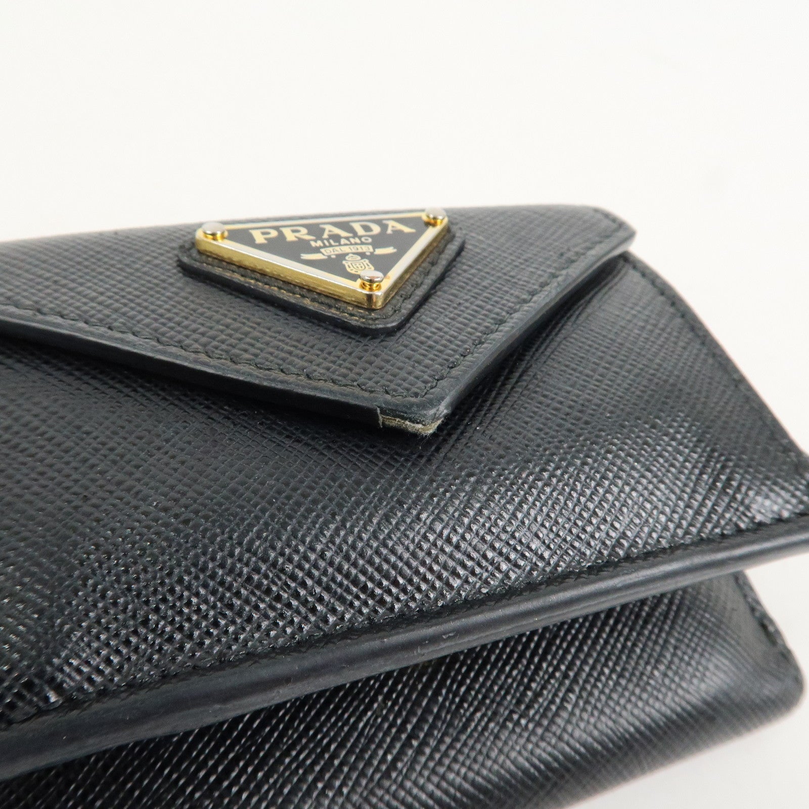 PRADA Triangle Logo Saffiano Leather Tri-fold Wallet Black 1MH021