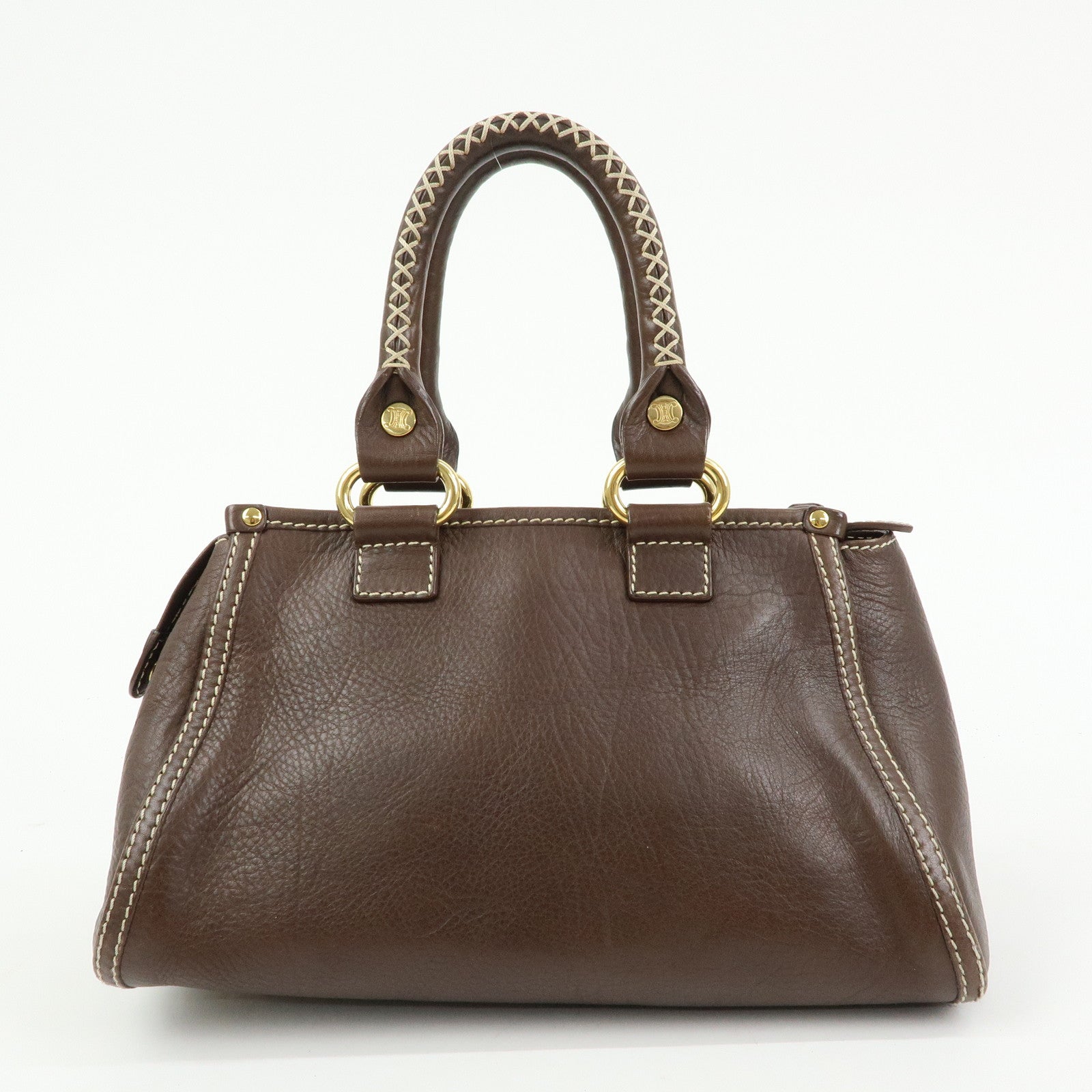 CELINE Logo Leather Hand Bag Mini Boston Bag Dark Brown