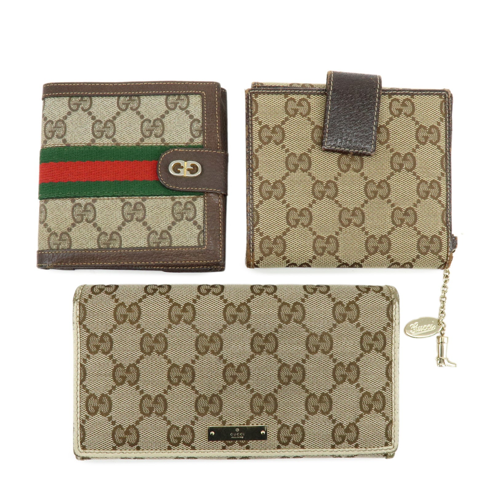 GUCCI Sherry Set of 3 Canvas Leather Long Compact Wallet Beige