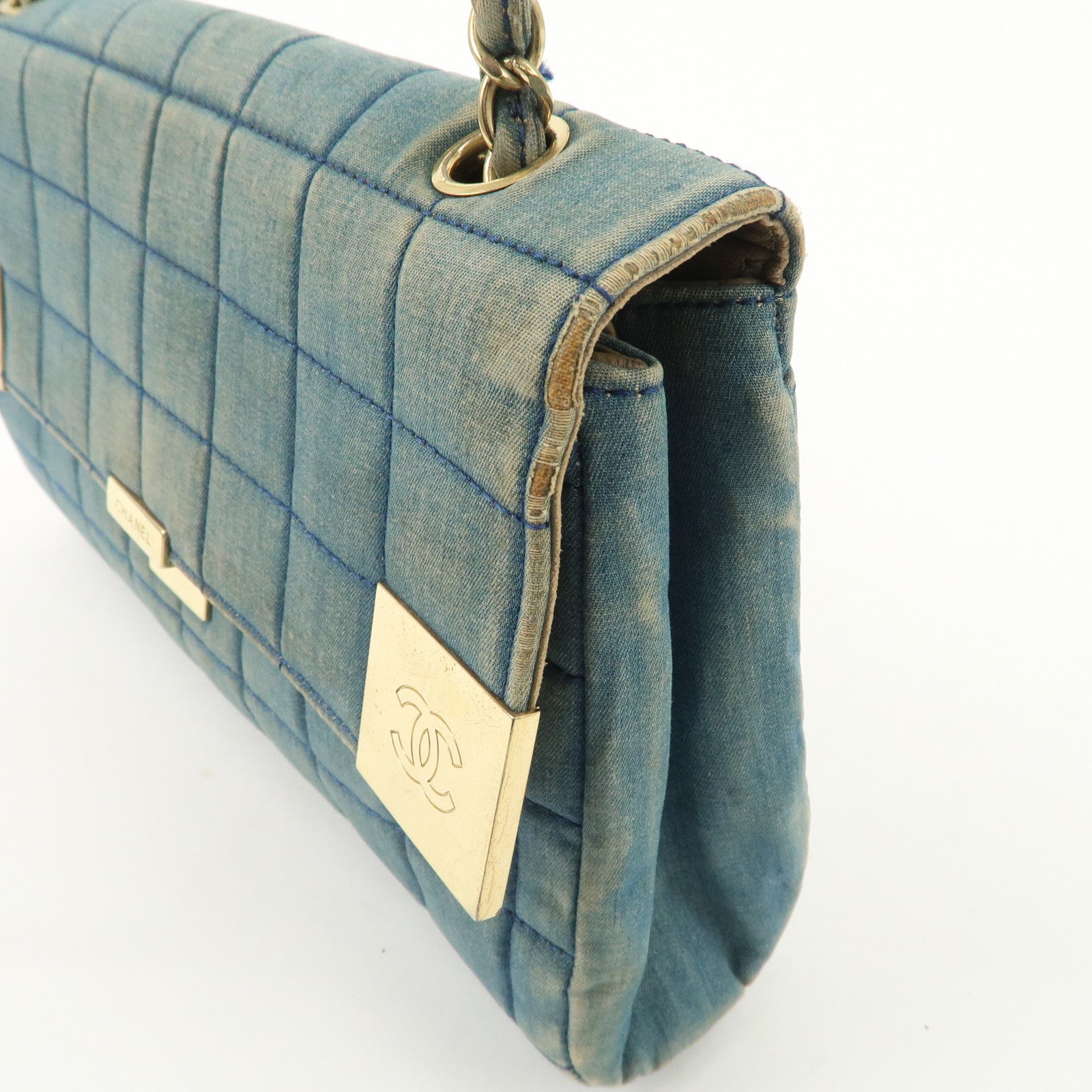 CHANEL COCO Mark Wide Stitch Chocolate Bar Chain Shoulder Bag Blue Gold Used