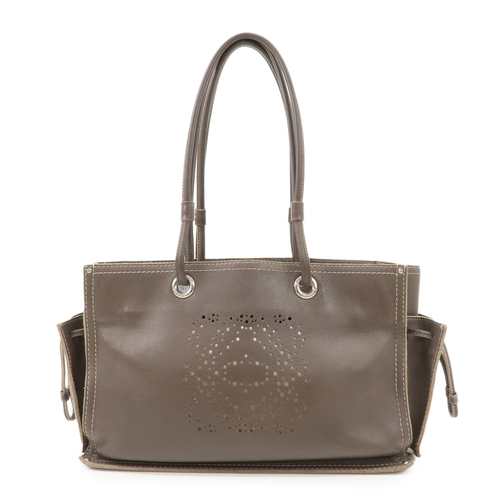 LOEWE Anagram Leather Shopper Tote Bag Shoulder Bag Brown Used