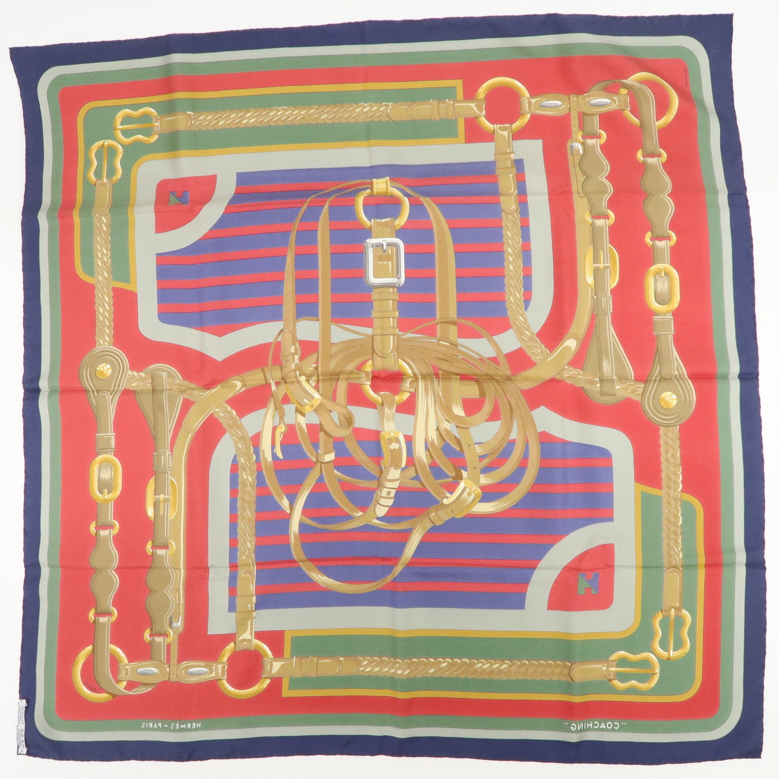 HERMES Carre 90 Silk 100% COACHING Scarf Red Multi Color