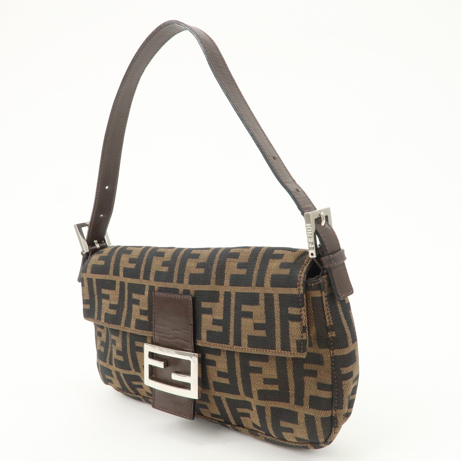 FENDI Mamma Baguette Zucca Canvas Leather Shoulder Bag Hand Bag Black Brown 26424