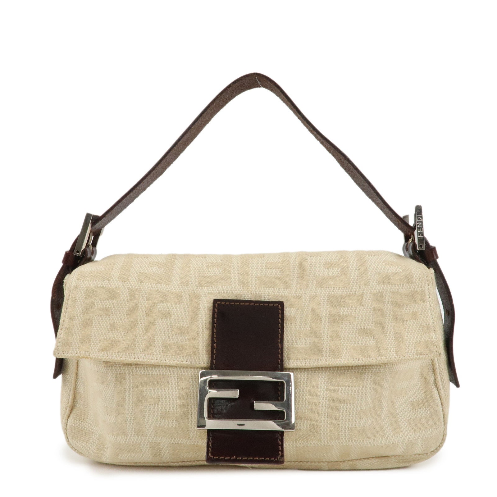 FENDI Mamma Baguette Zucca Leather Canvas Hand Bag Beige Brown 26424 Used