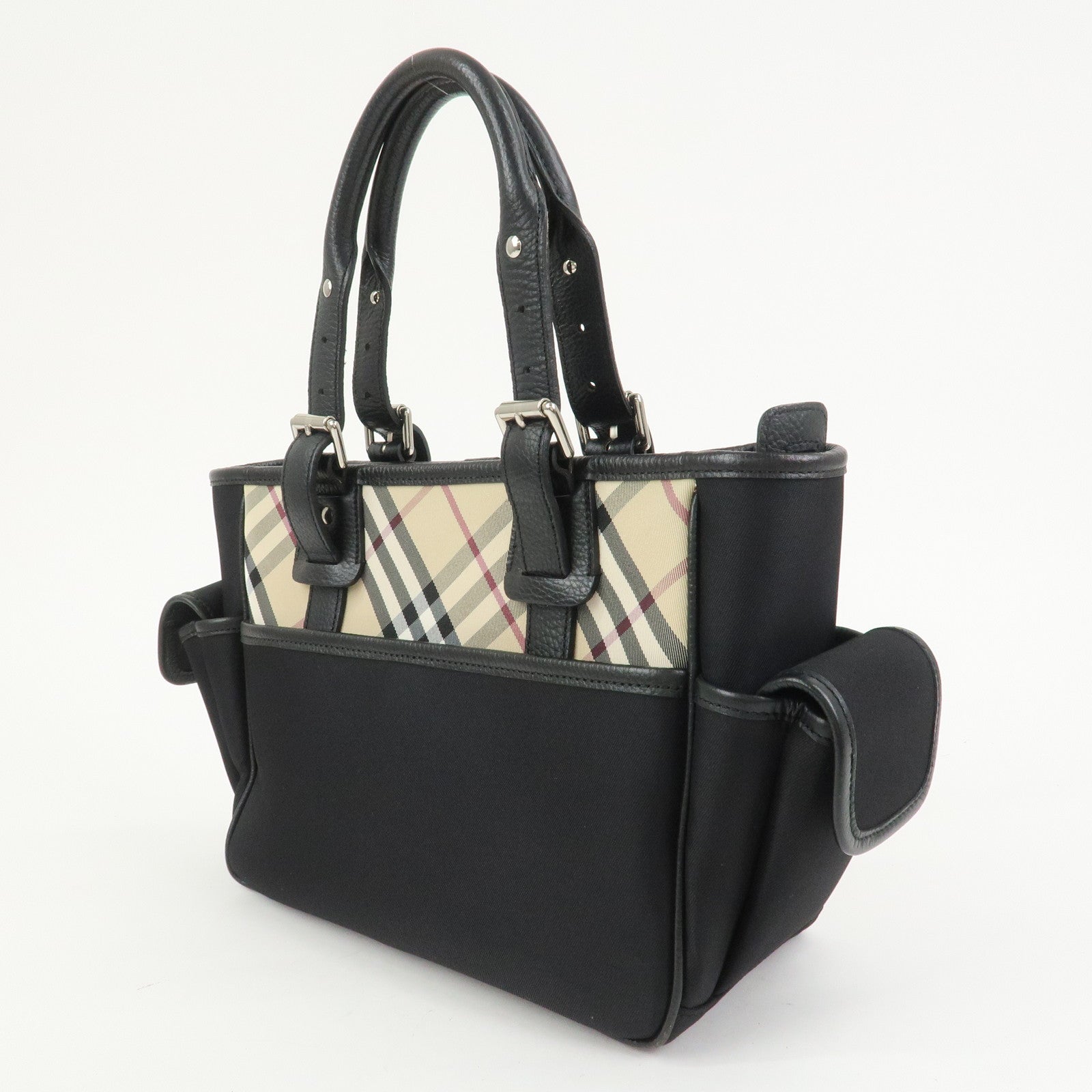 BURBERRY Nova Plaid Nylon Leather Tote Bag Hand bag Black