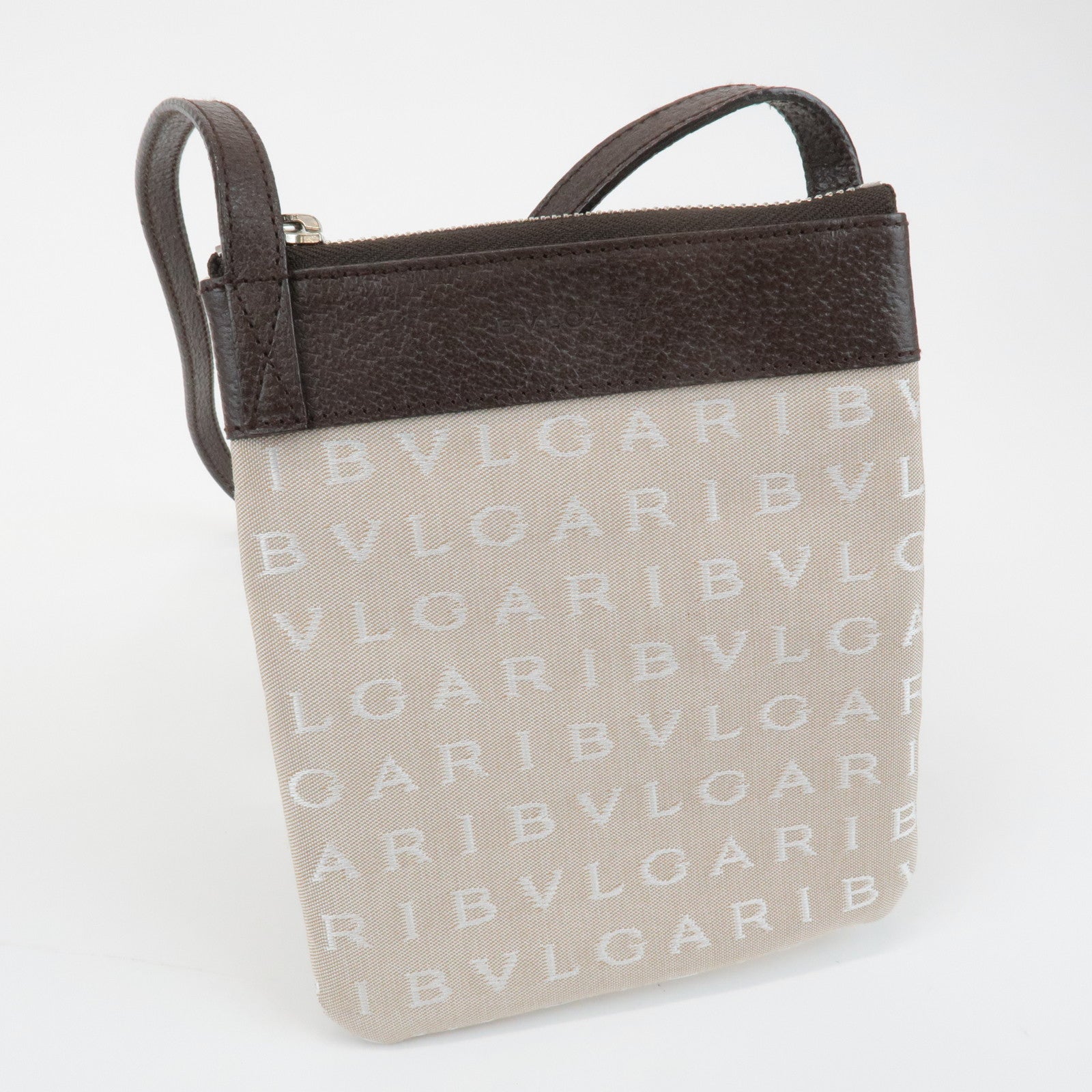 BVLGARI Logo Mania Canvas Leather Shoulder Bag Beige Brown Used