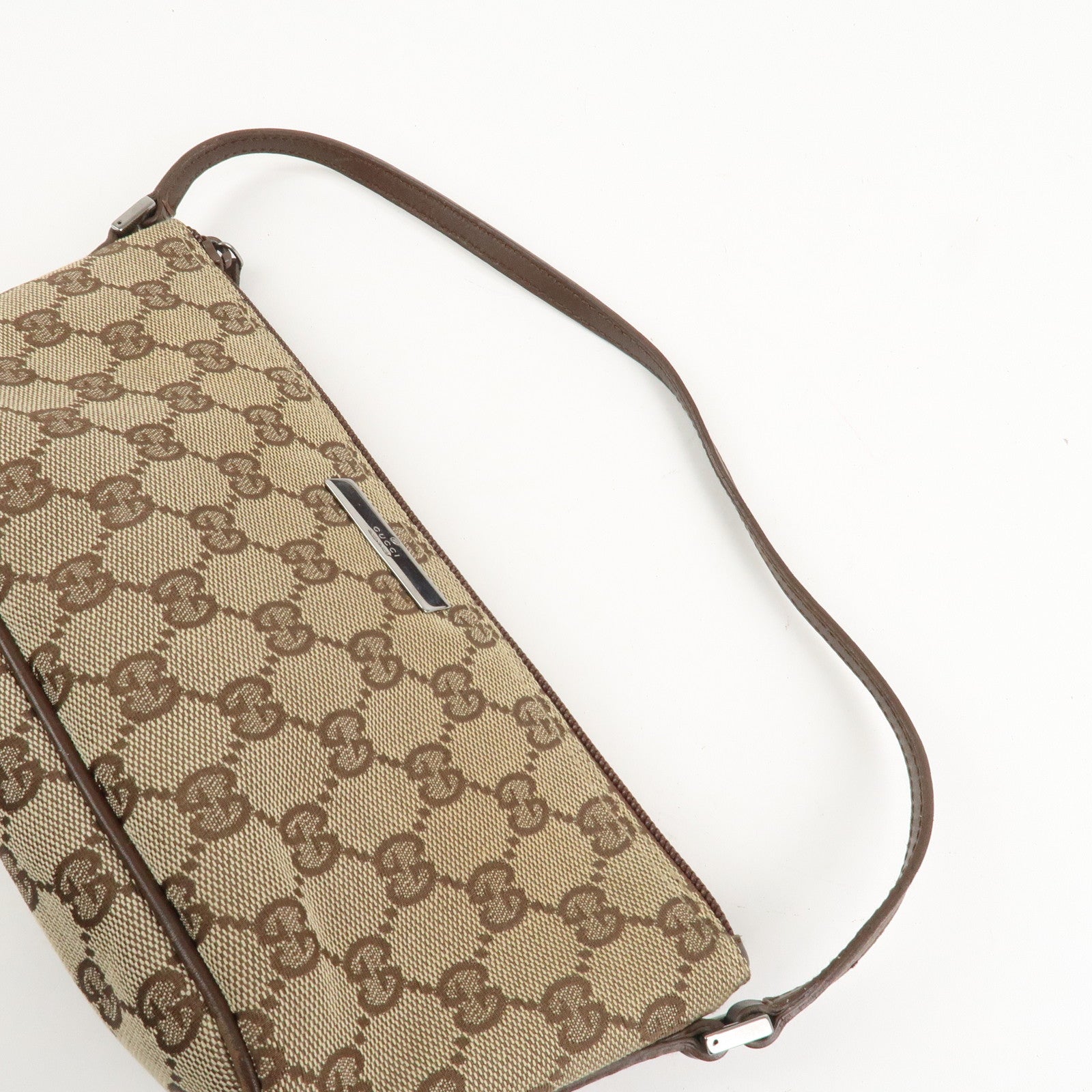 GUCCI GG Canvas Leather Bag Hand Bag Pouch Beige Brown 07198 Used