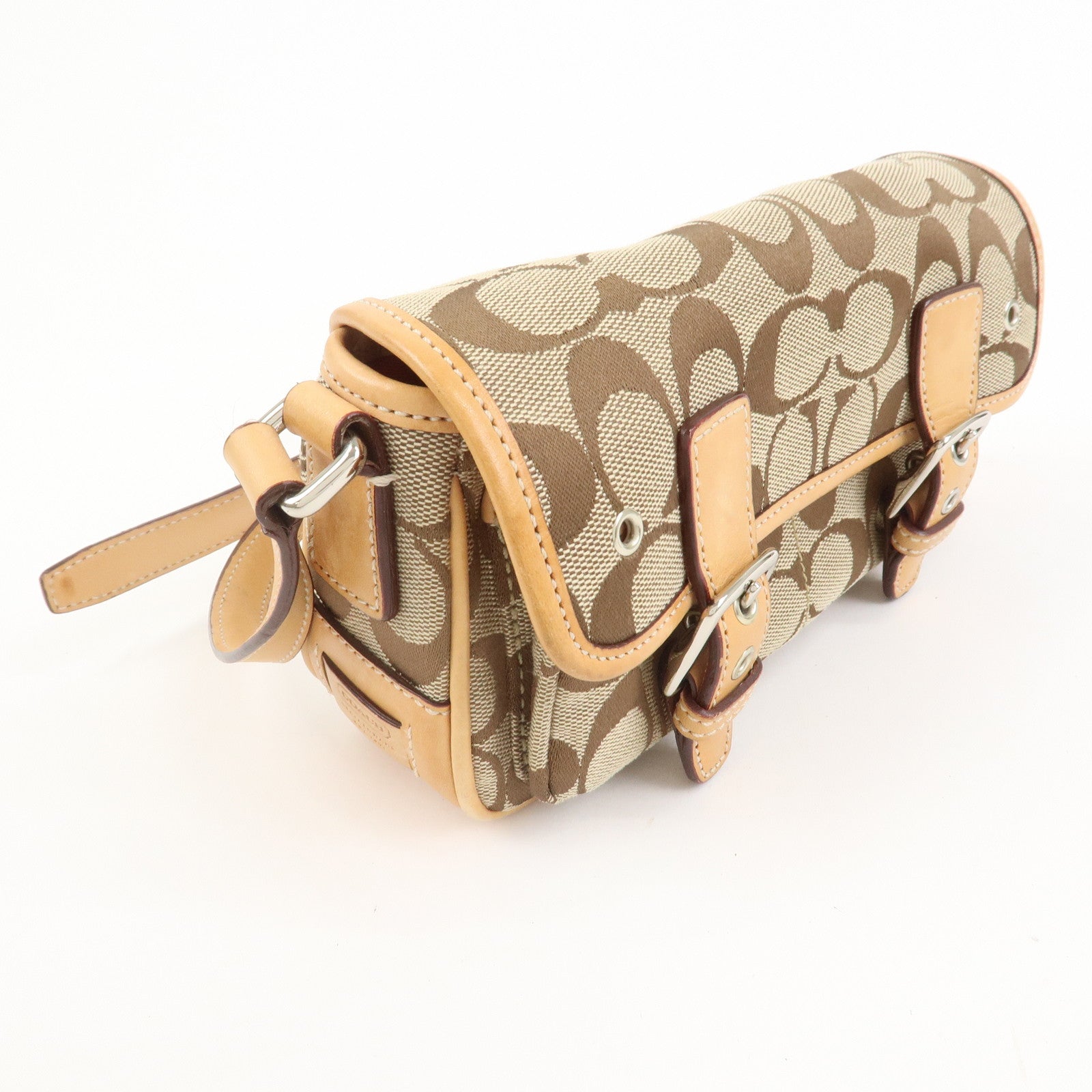 COACH Signature Canvas Leather Shoulder Bag Beige Light Brown