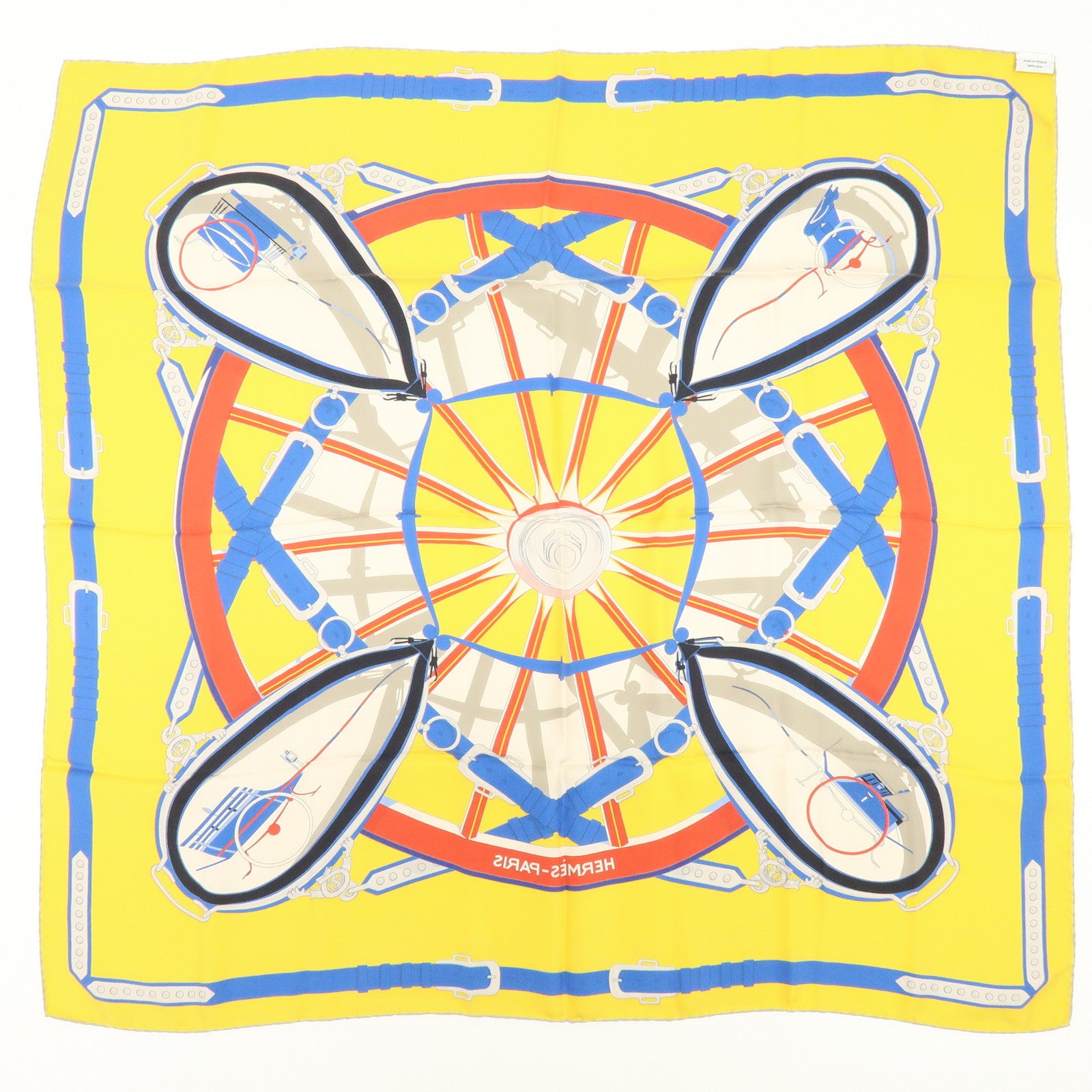 HERMES Carre 90 Silk 100% Scarf En Roue Libre Belt Print Yellow