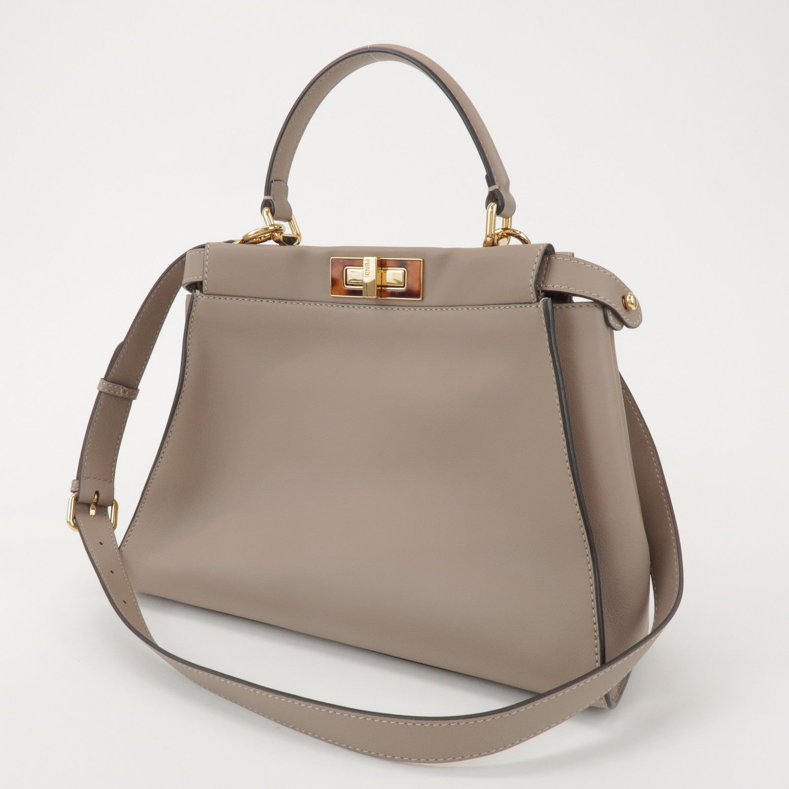 FENDI Peekaboo Leather Medium 2Way Hand Bag Greige Beige 8BN290