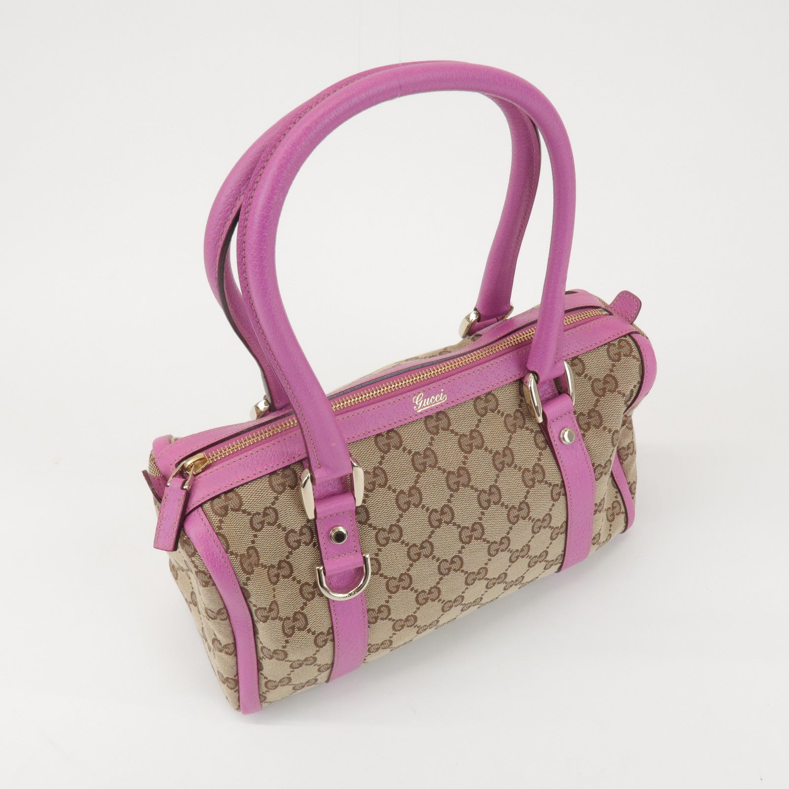 GUCCI Abbey GG Canvas Leather Mini Boston Bag Beige Fuchsia 130942