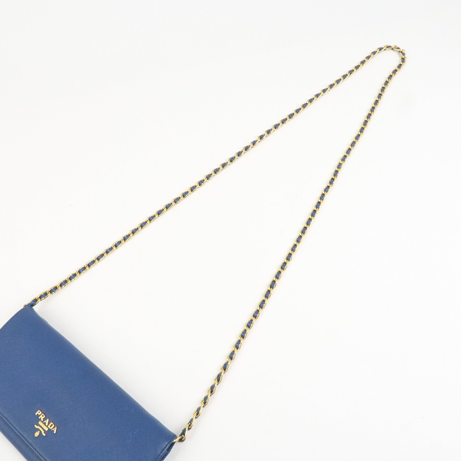 PRADA Logo Saffiano Leather Chain Shoulder Wallet WOC Blue 1M1290