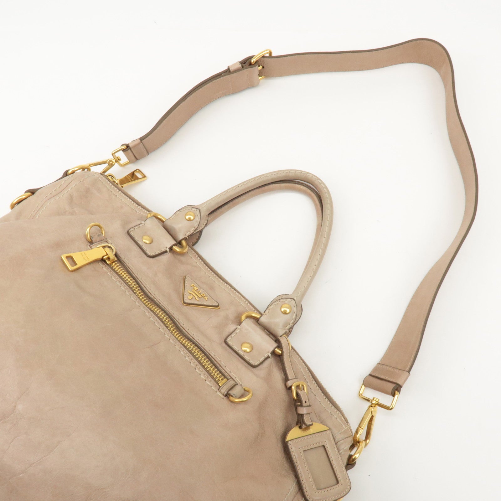 PRADA Triangle Logo Leather 2Way Bag Tote Bag Shoulder Bag Beige Used