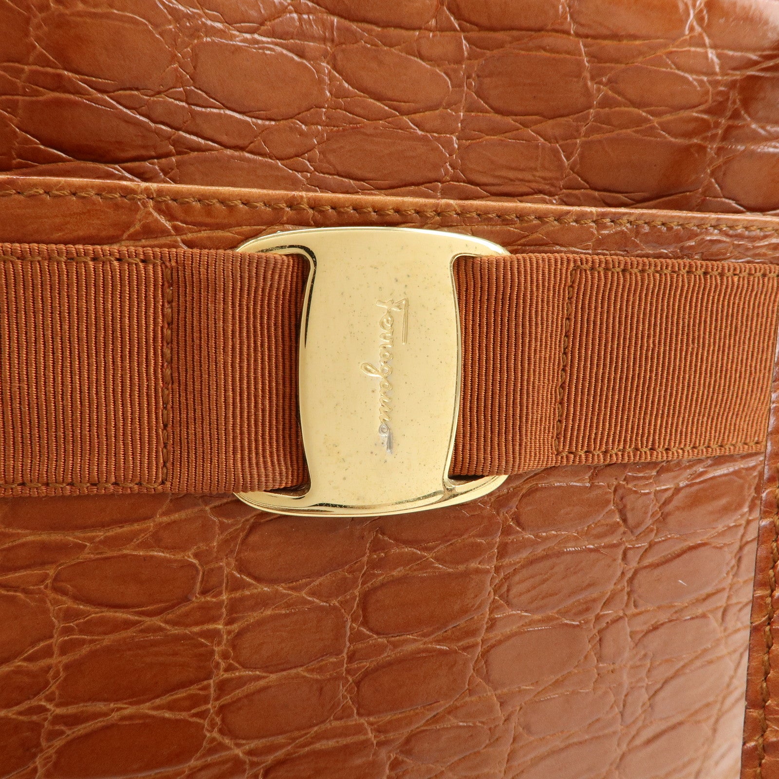 Ferragamo Vara Emboss Leather Shoulder Bag Crossbody Bag Brown