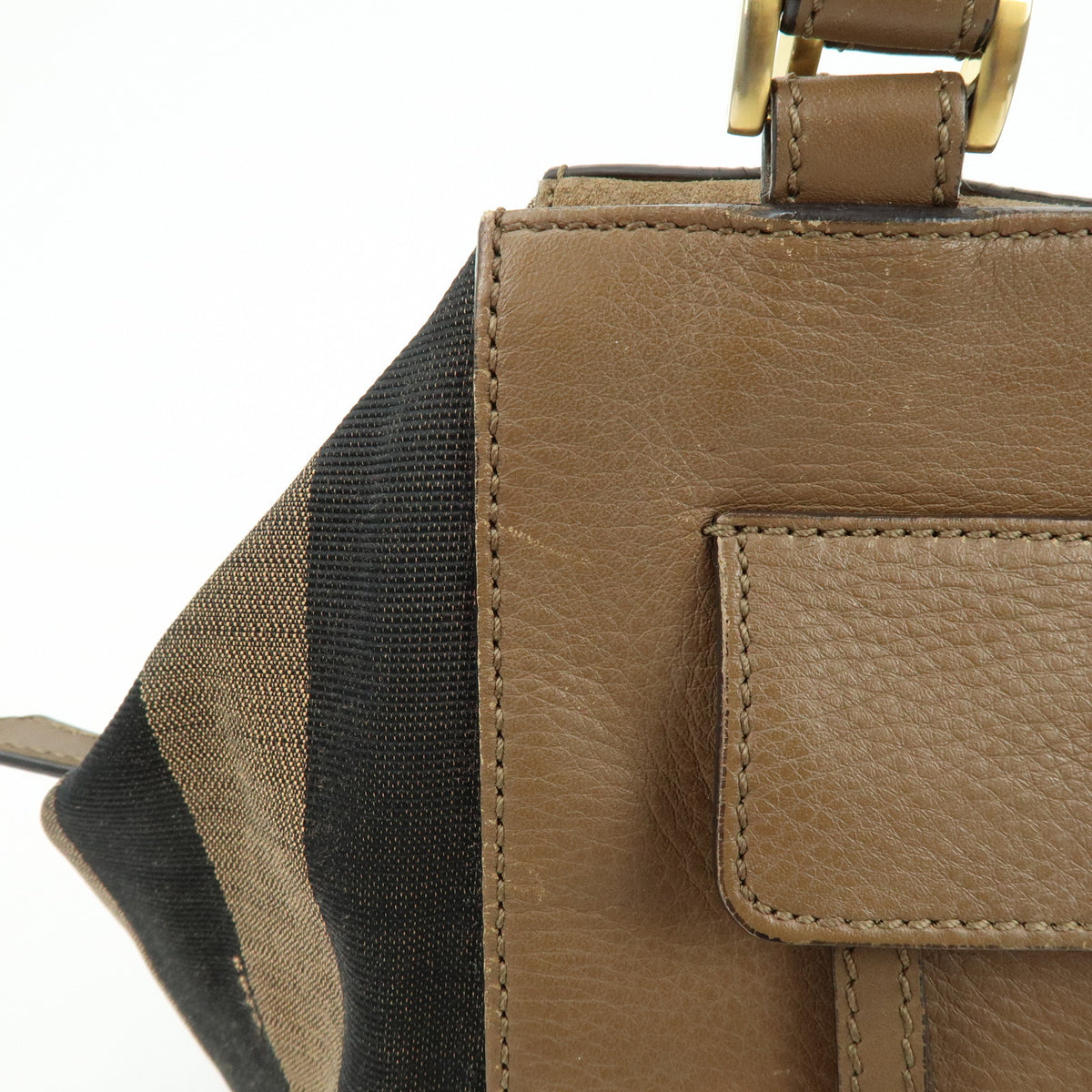 FENDI Pequin Leather Canvas Suede Tote Bag Hand Bag Brown 8BN251