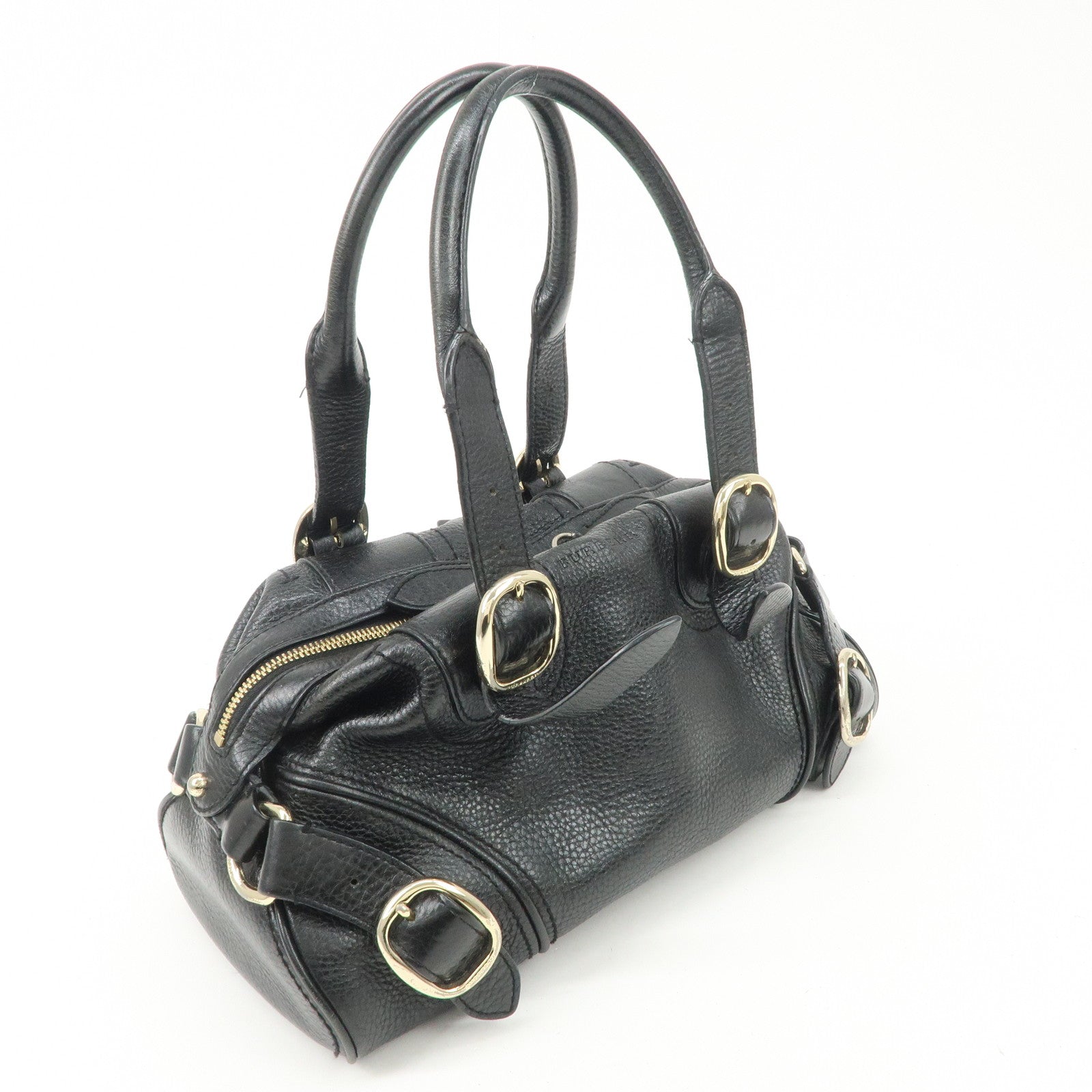 BURBERRY Leather Boston Bag Hand Bag Black Silver HDW