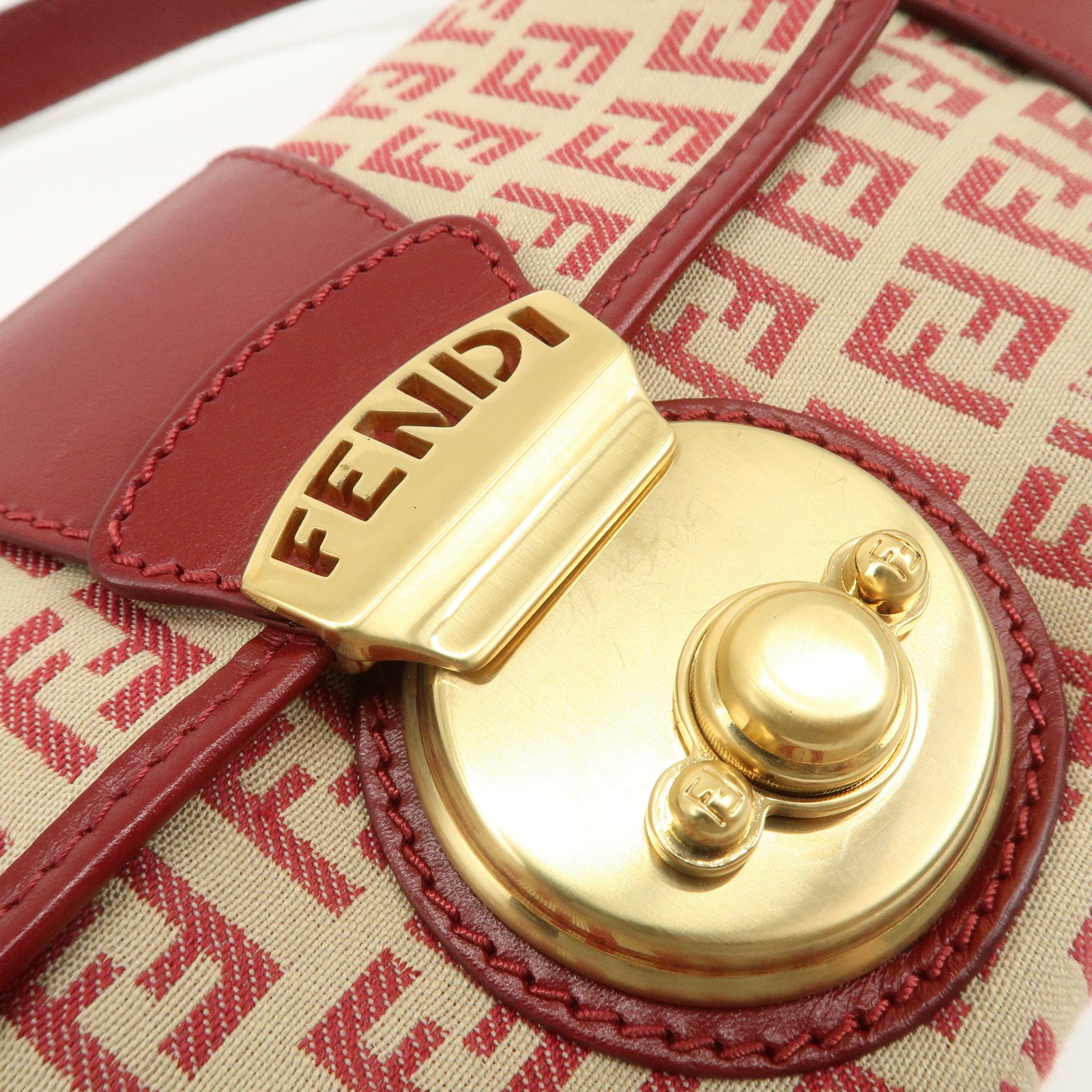 FENDI Zucchino Canvas Leather Turn Lock Shoulder Bag Red 8BR429