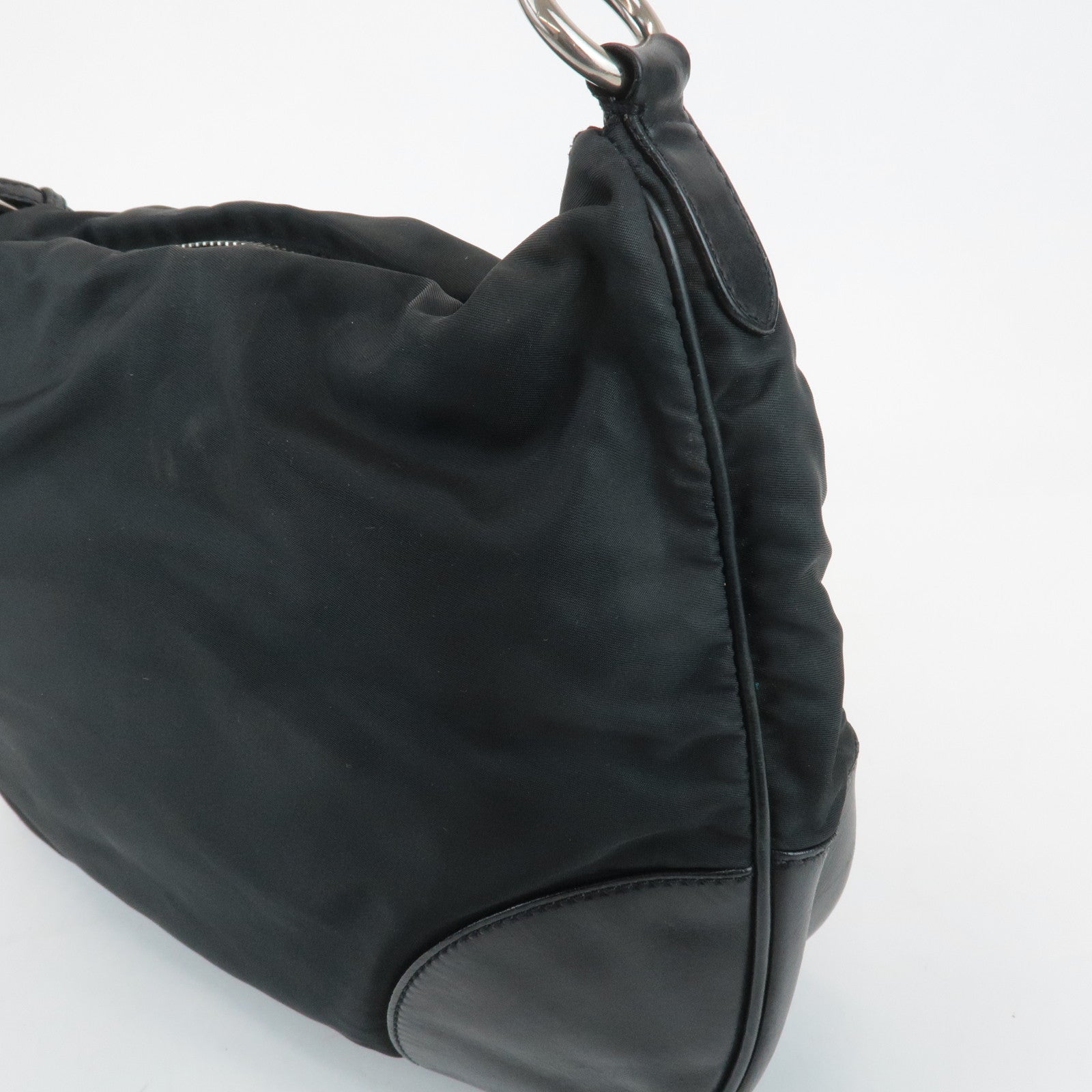 PRADA Triangle Logo Leather Nylon Shoulder Bag Black