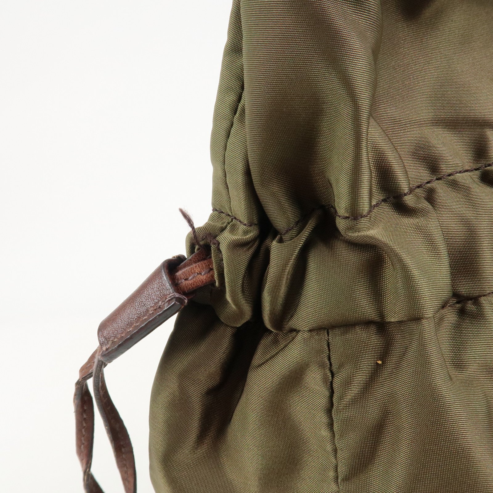 PRADA Logo Nylon Leather Drawstring Tote Bag Shoulder Bag Brown