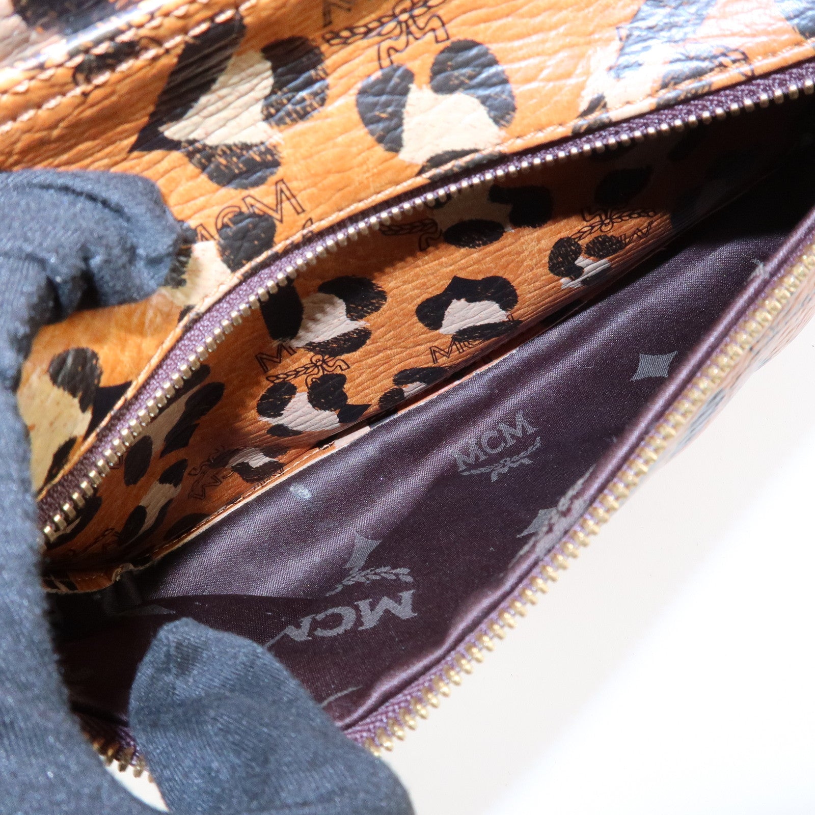 MCM Visetos Leather Leopard Back Pack Black Beige Brown Gold HDW Used