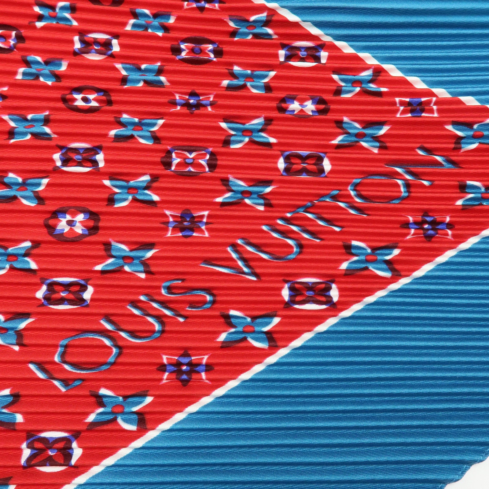 Louis Vuitton Monogram Silk 100% Pleated Scarf Red Blue M73846