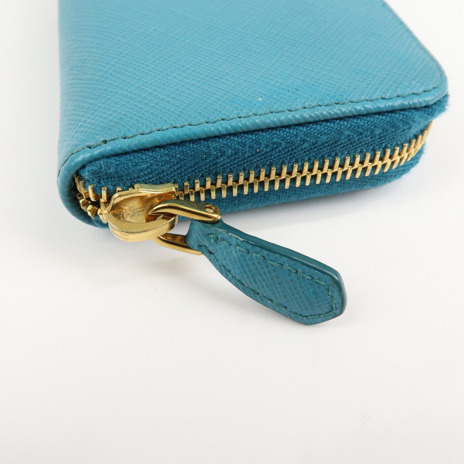 PRADA Logo Saffiano Leather Round Zippy Small Wallet Blue 1MM268 Used