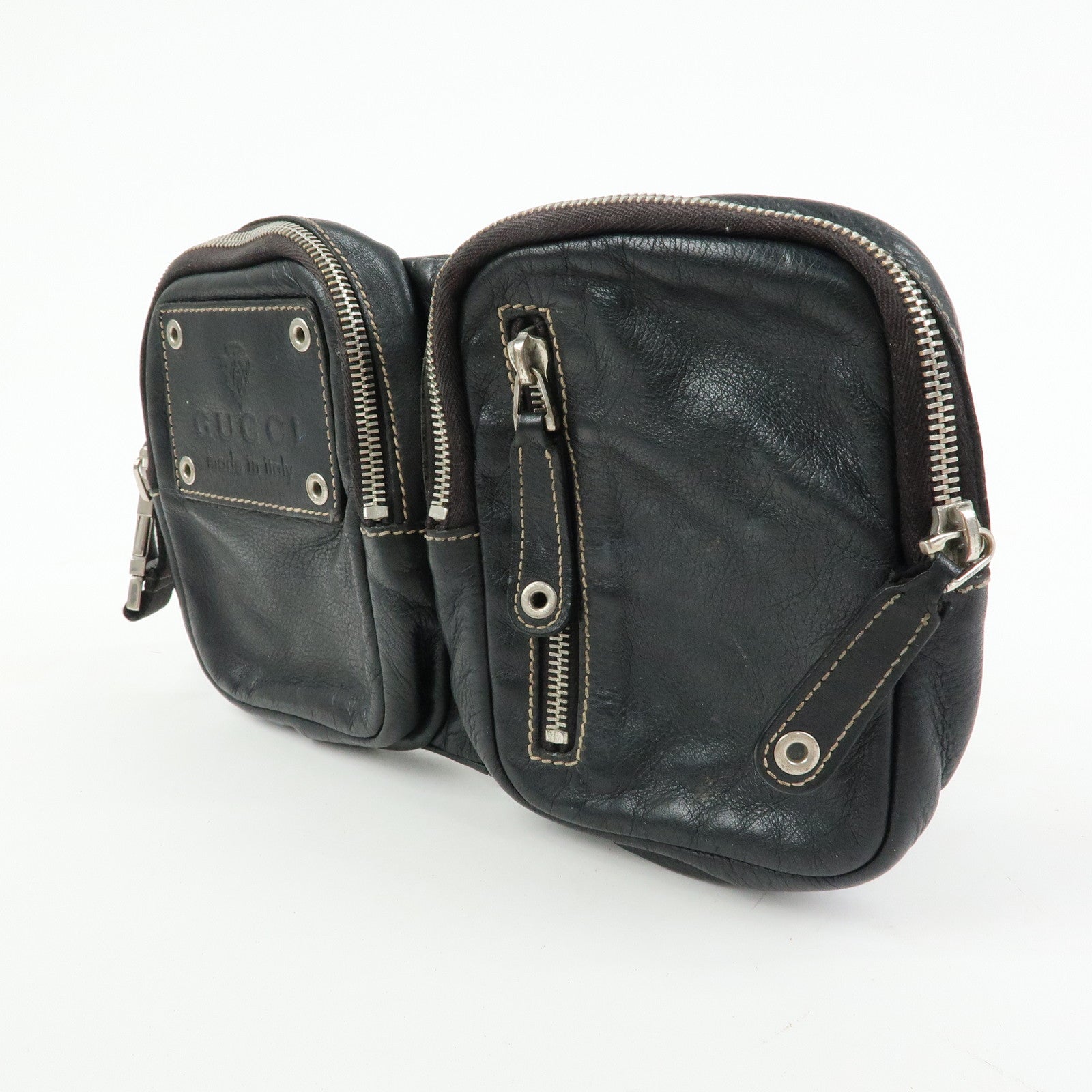 GUCCI Leather Waist Pouch Body Bag Crossbody Bag Black 201846