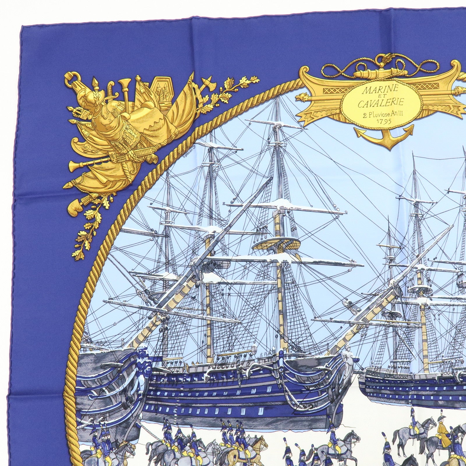 HERMES Carre 90 Silk 100% MARINE ET CAVALERIE Scarf Blue Navy