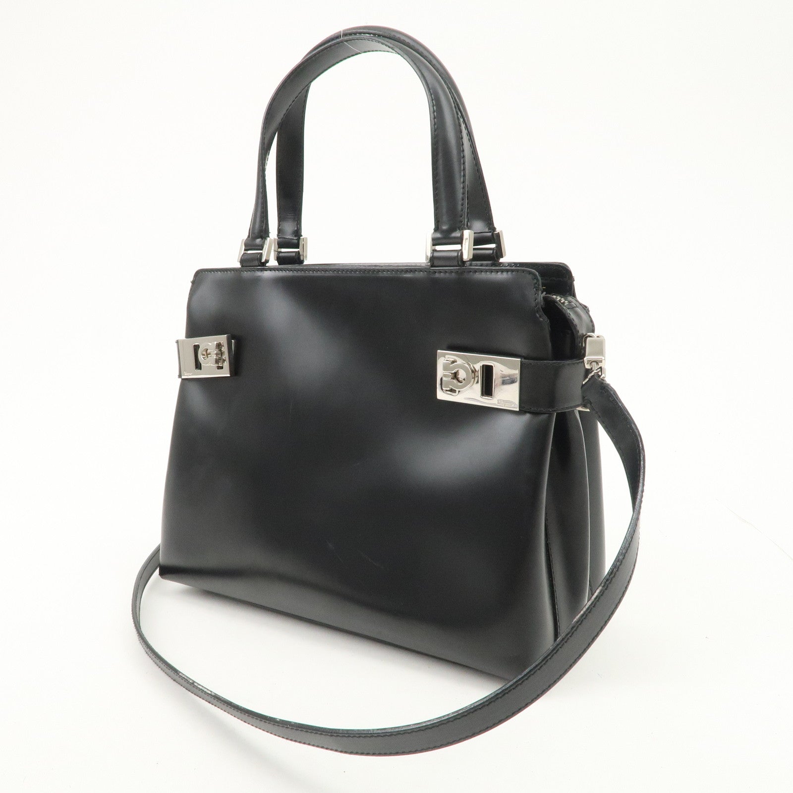 Ferragamo Gancini Leather 2Way Hand Bag Shoulder Bag Black Used