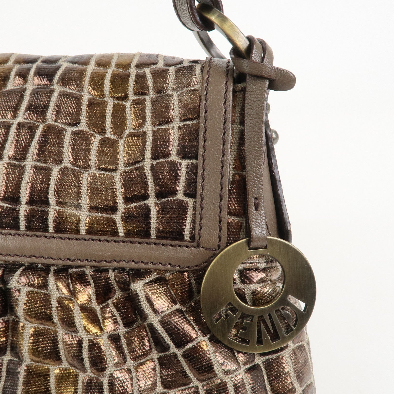 FENDI Canvas Leather Shoulder Bag Hand Bag Metallic Brown 8BR445