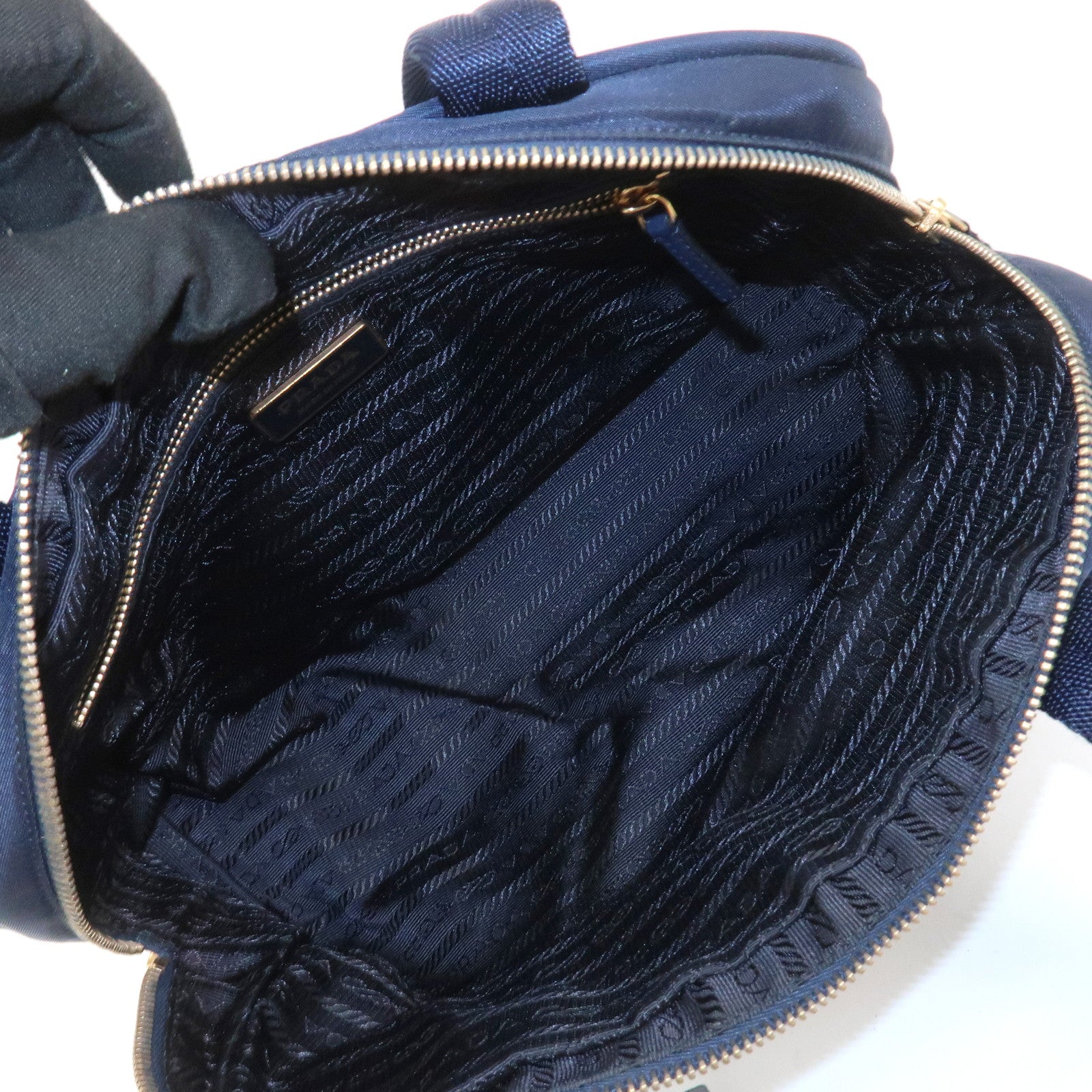 PRADA Triangle Logo Nylon Leather Hand Bag Navy
