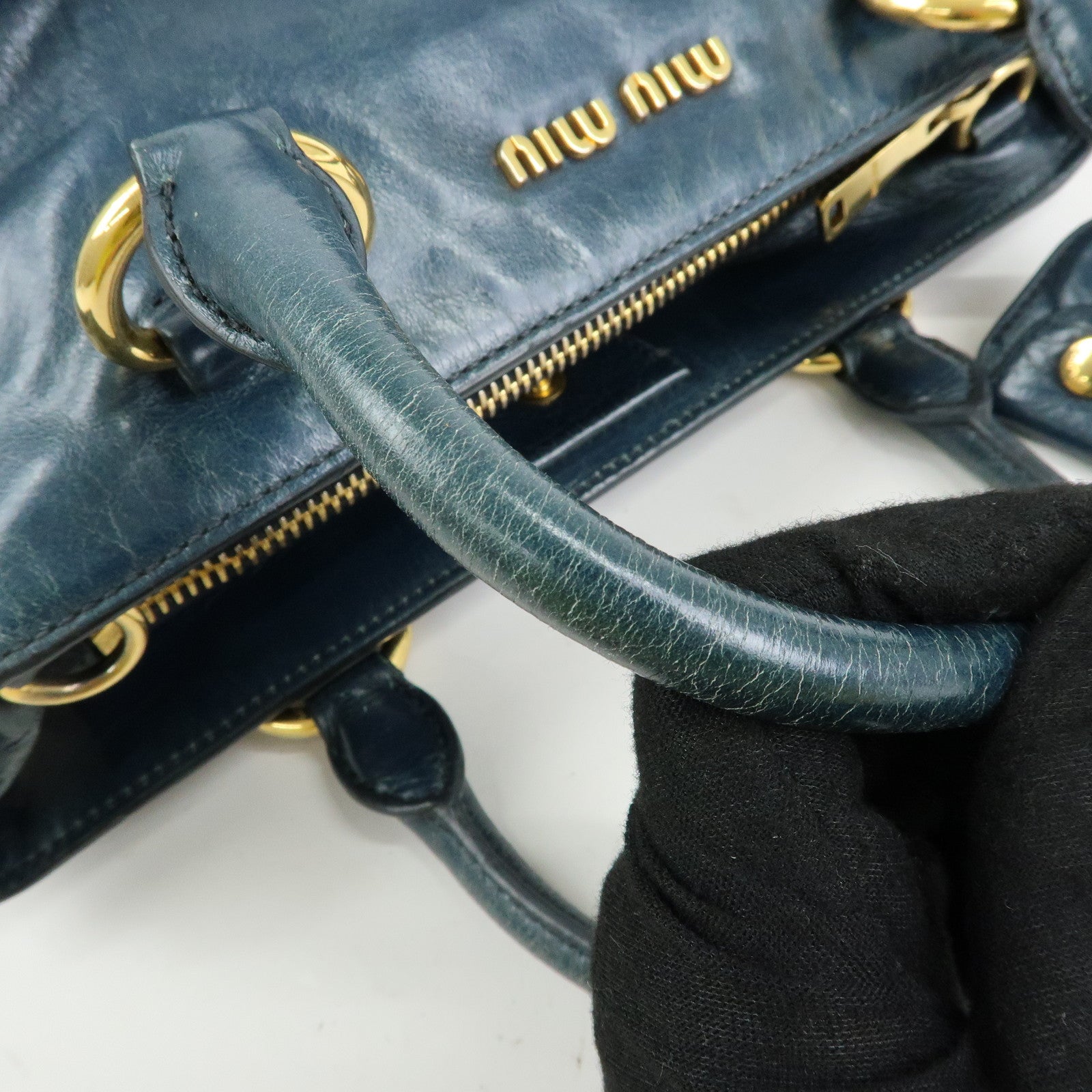 MIU MIU Logo Leather 2Way Bag Hand Bag Shoulder Bag Navy