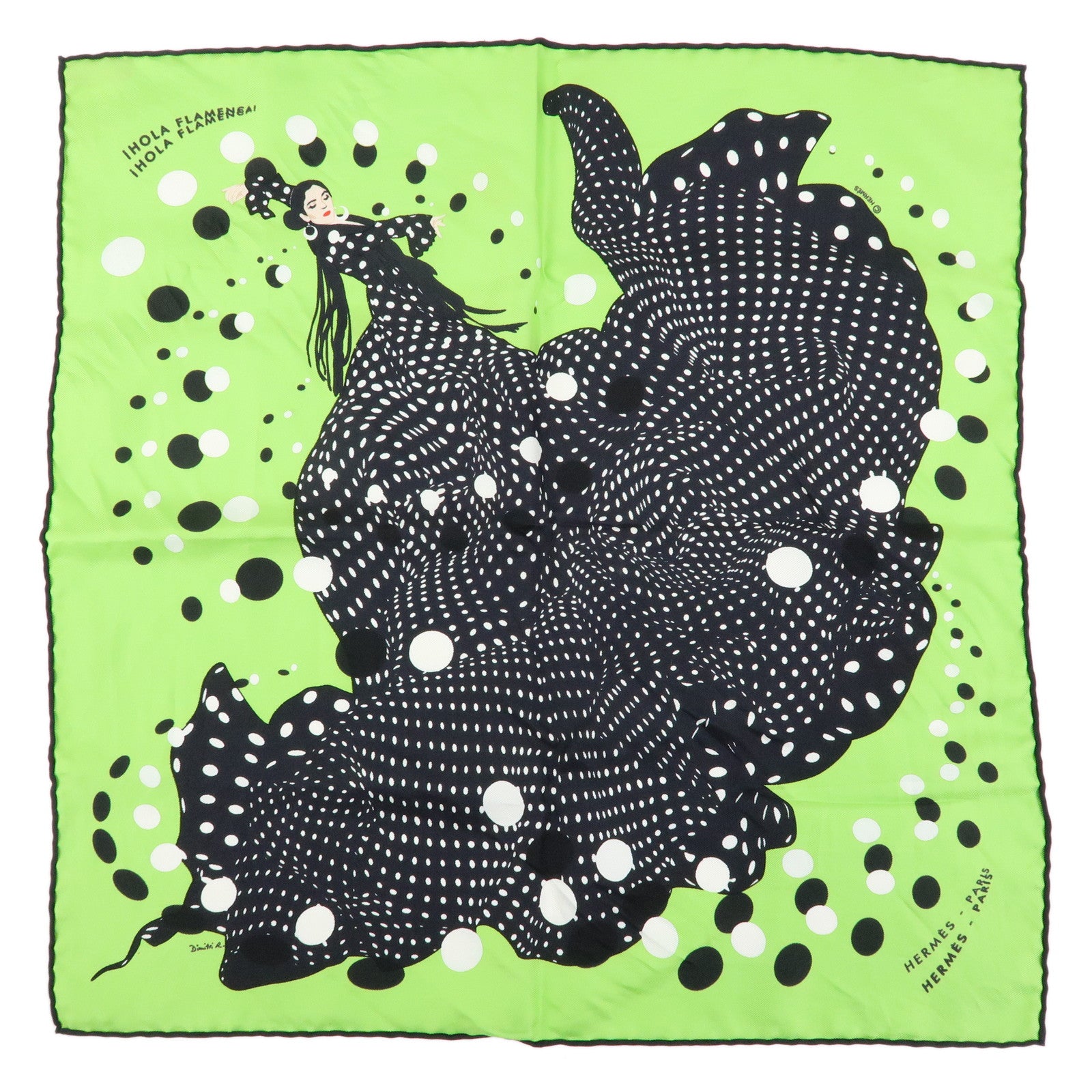 HERMES Carre 42 Silk 100% Scarf iHOLA FLAMENCA! Green Black