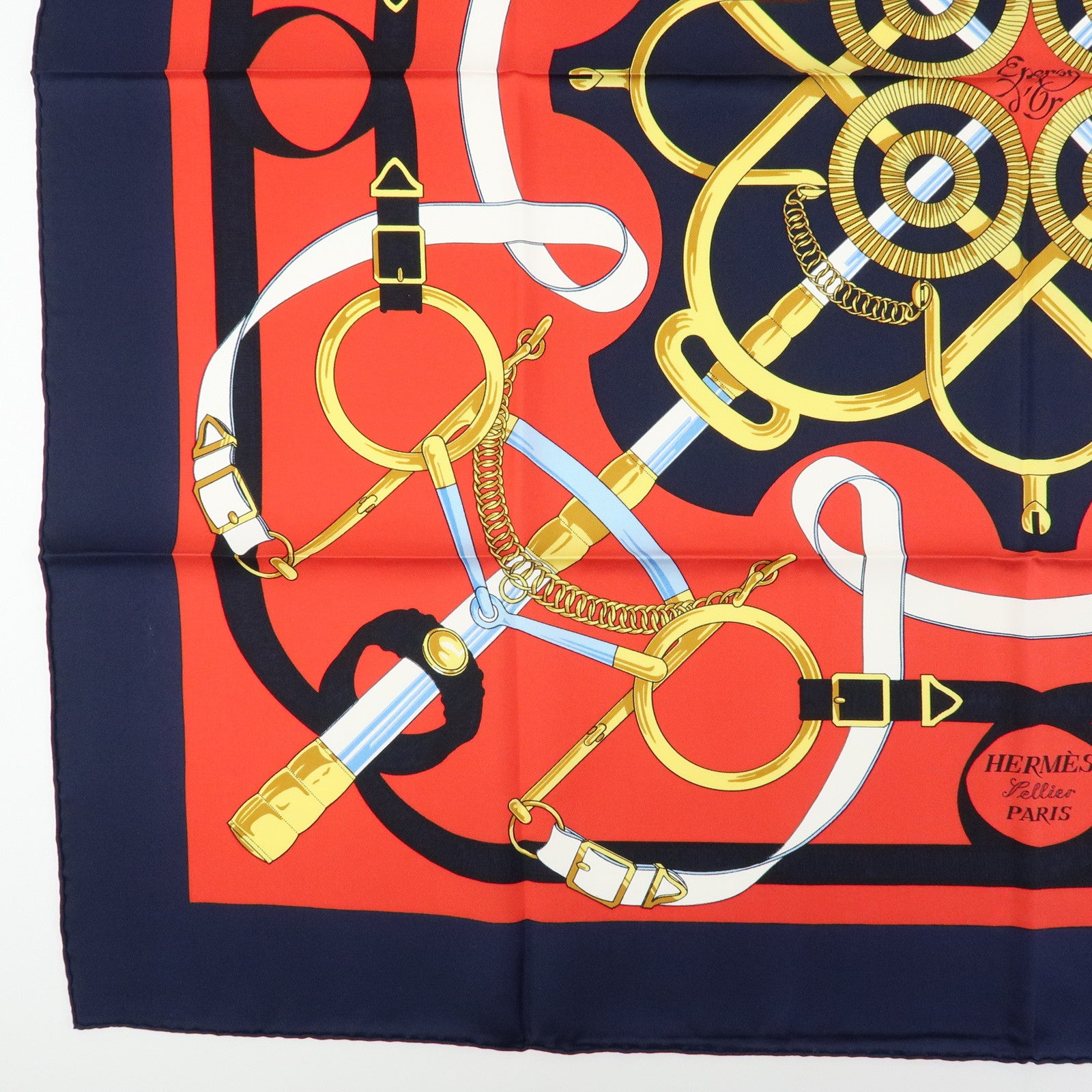 HERMES Carre 90 Silk 100% Scarf Eperon d'or Navy Red Gold