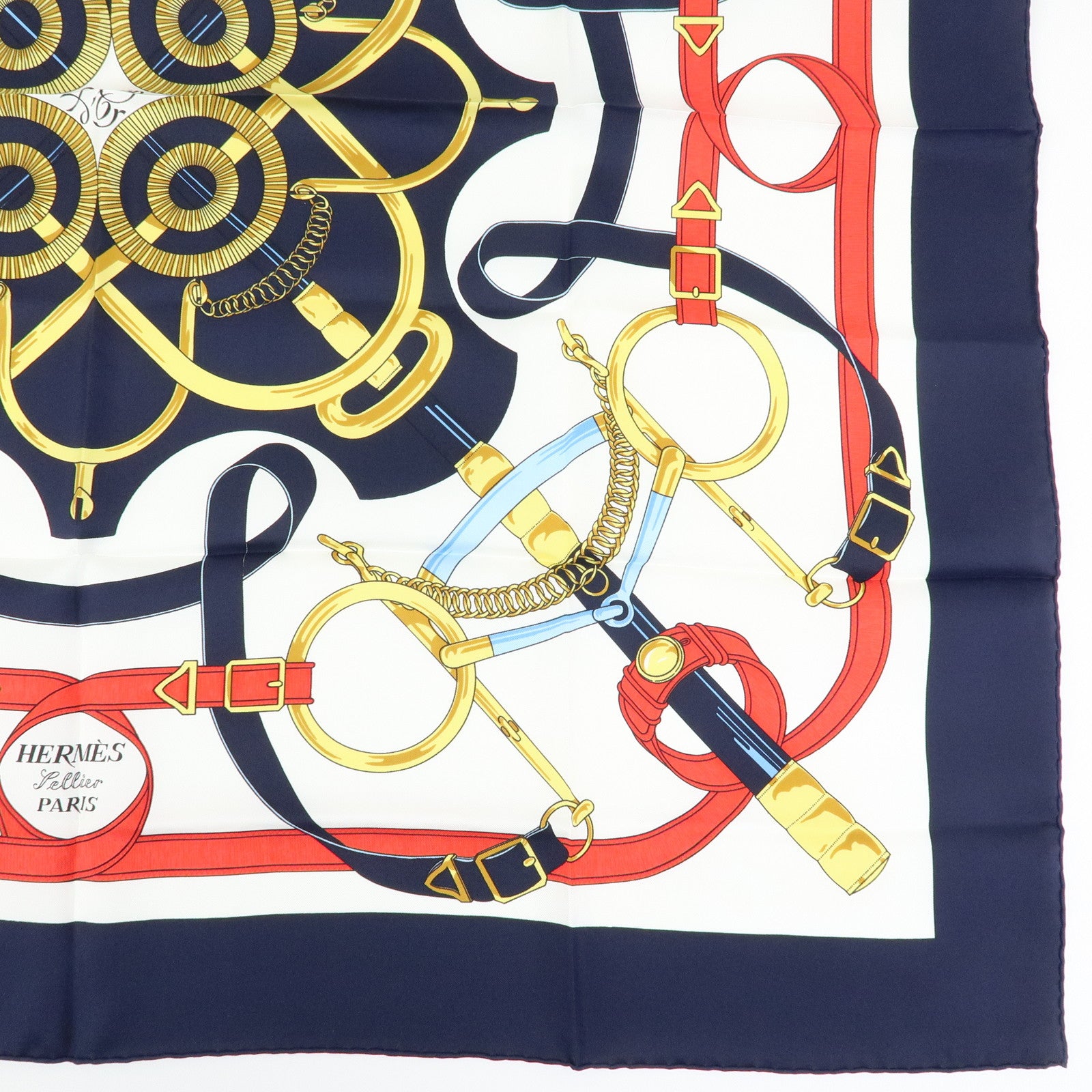 HERMES Carre 90 Silk 100% Scarf Eperon d'or Navy White Yellow Red