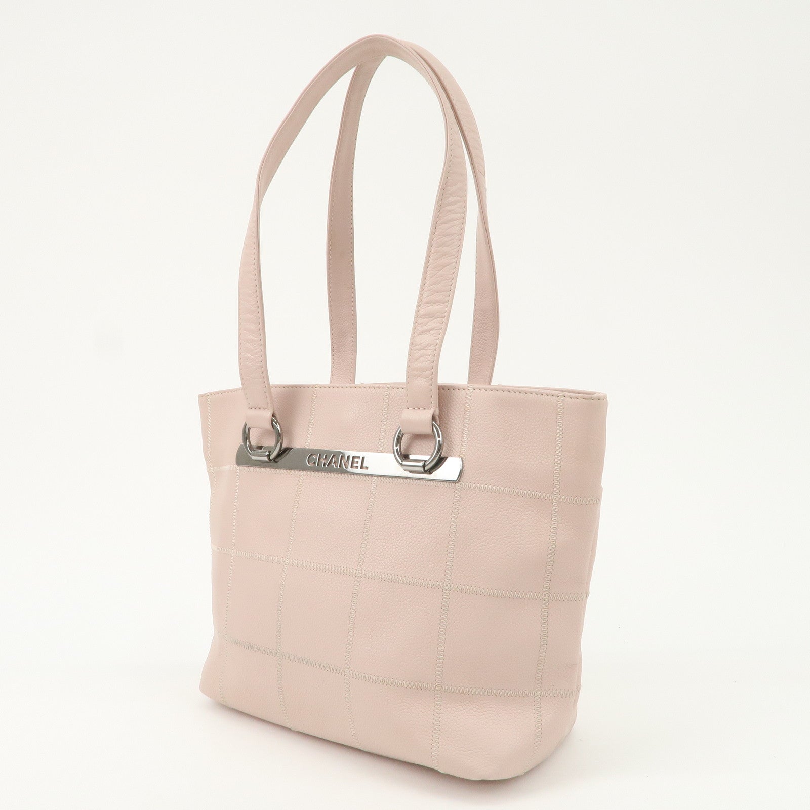 CHANEL Chocolate Bar Caviarskin Tote Bag Hand Bag Pink Silver Used