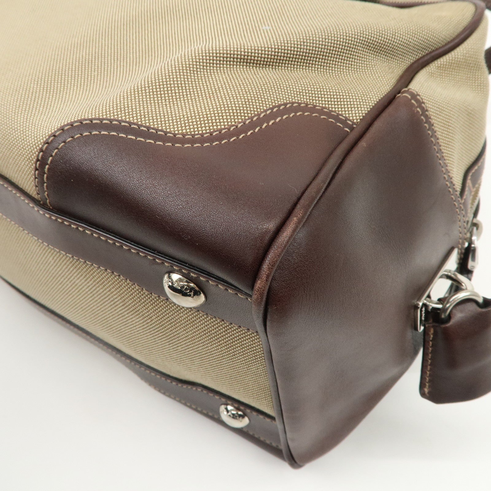 PRADA Logo Jacquard Leather Boston Bag Shoulder Bag Beige BL0260 Used