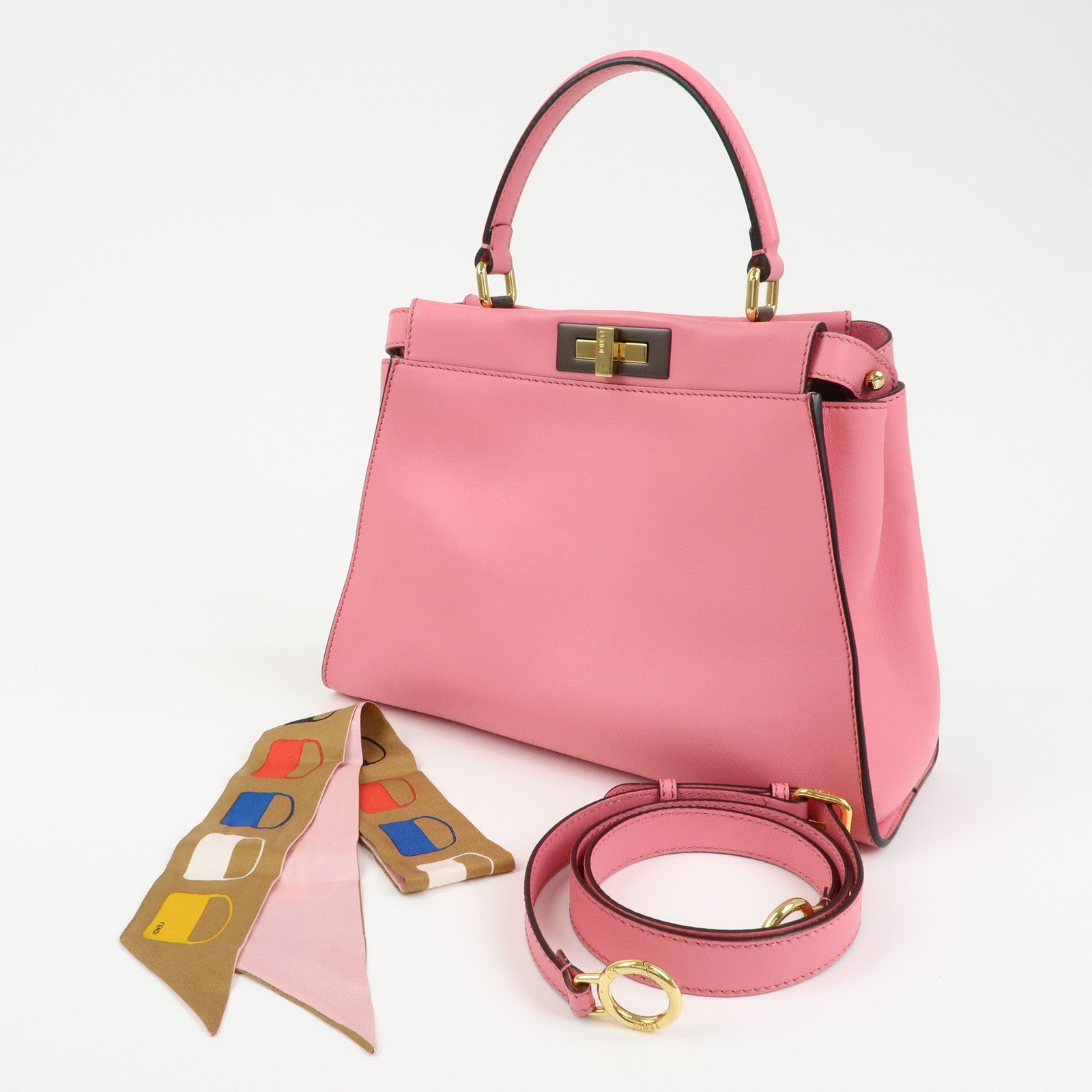 FENDI Peekaboo Leather 2Way Bag Hand Bag Shoulder Bag Pink 8BN290