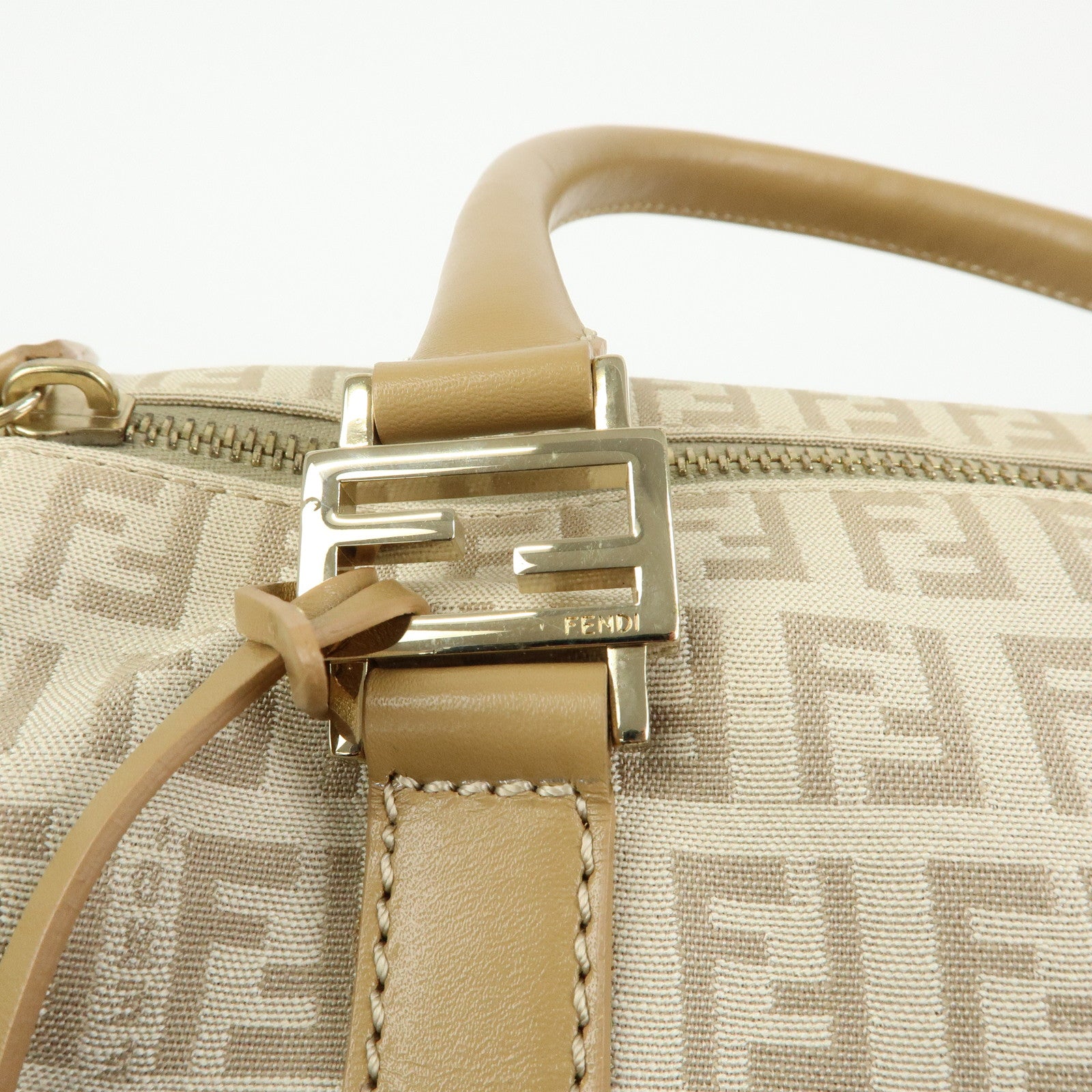 FENDI Zucchino Canvas Leather Boston Bag Hand Bag Beige 8BL068