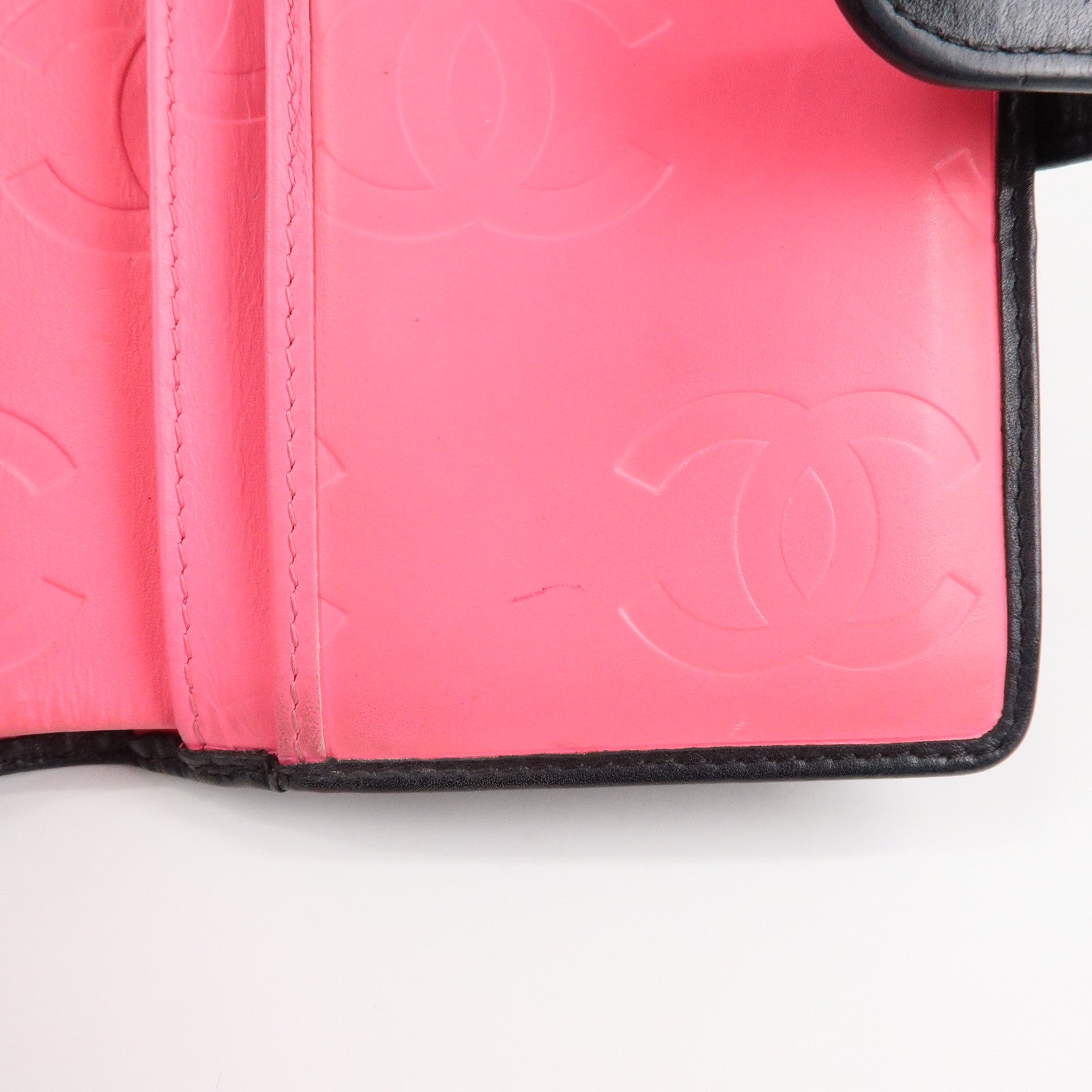 CHANEL Cambon Line COCO Mark Bifold Wallet Black Pink A50080 Used