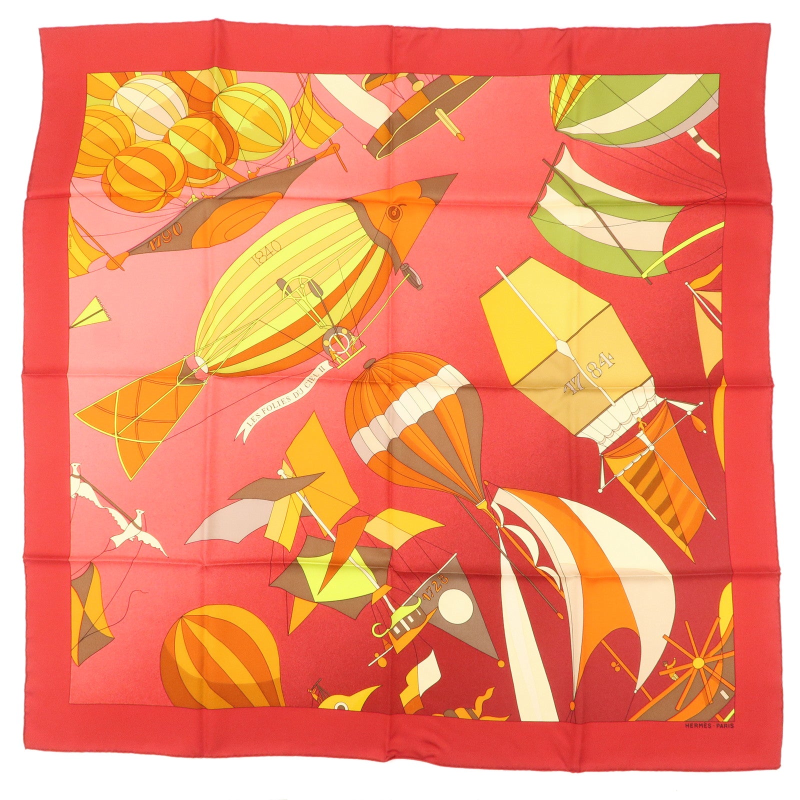 HERMES Carre 90 Silk 100% Scarf LES FOLIES DU CIEL Red Orange
