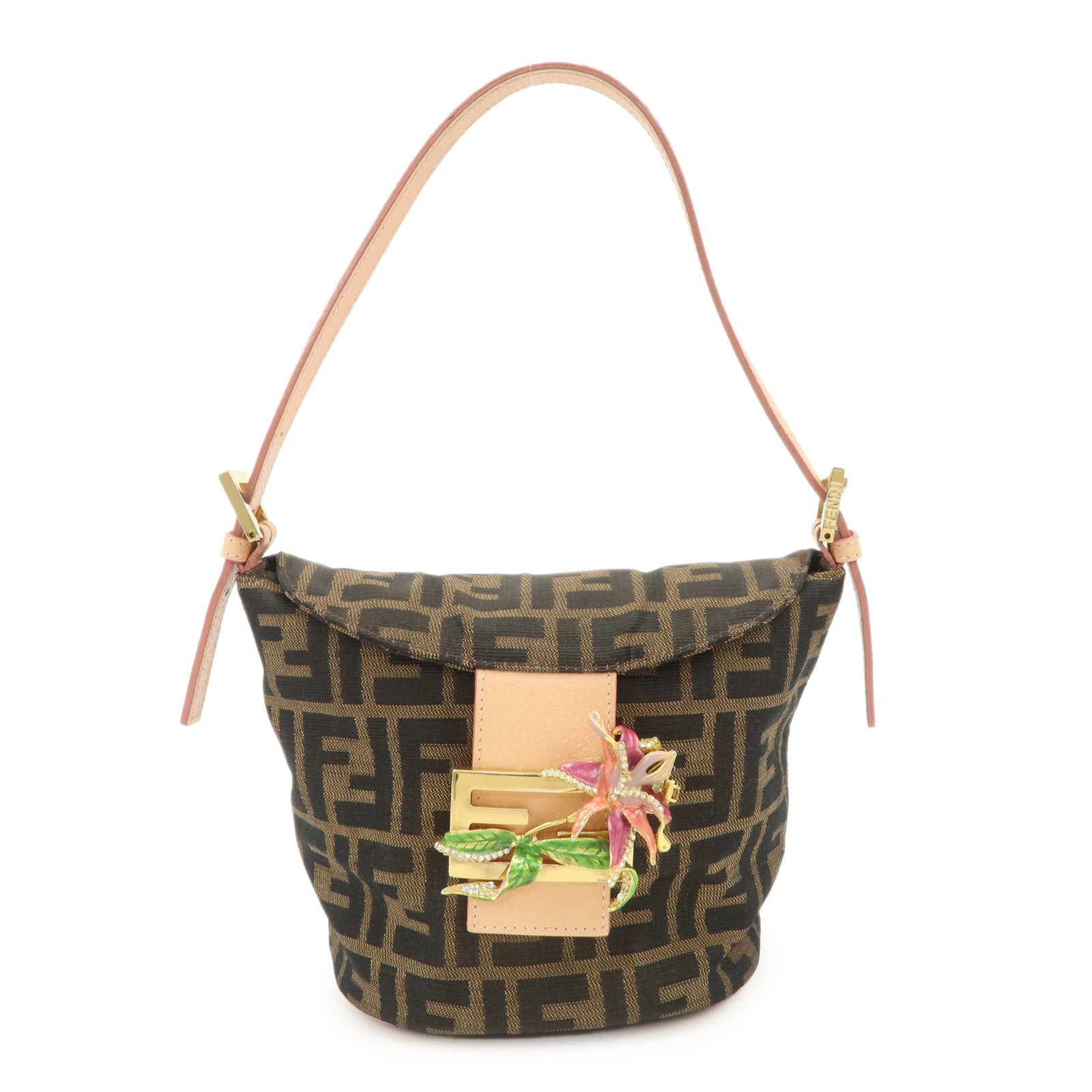 FENDI Zucca Canvas Leather Shoulder Bag Black Pink Flower Motif
