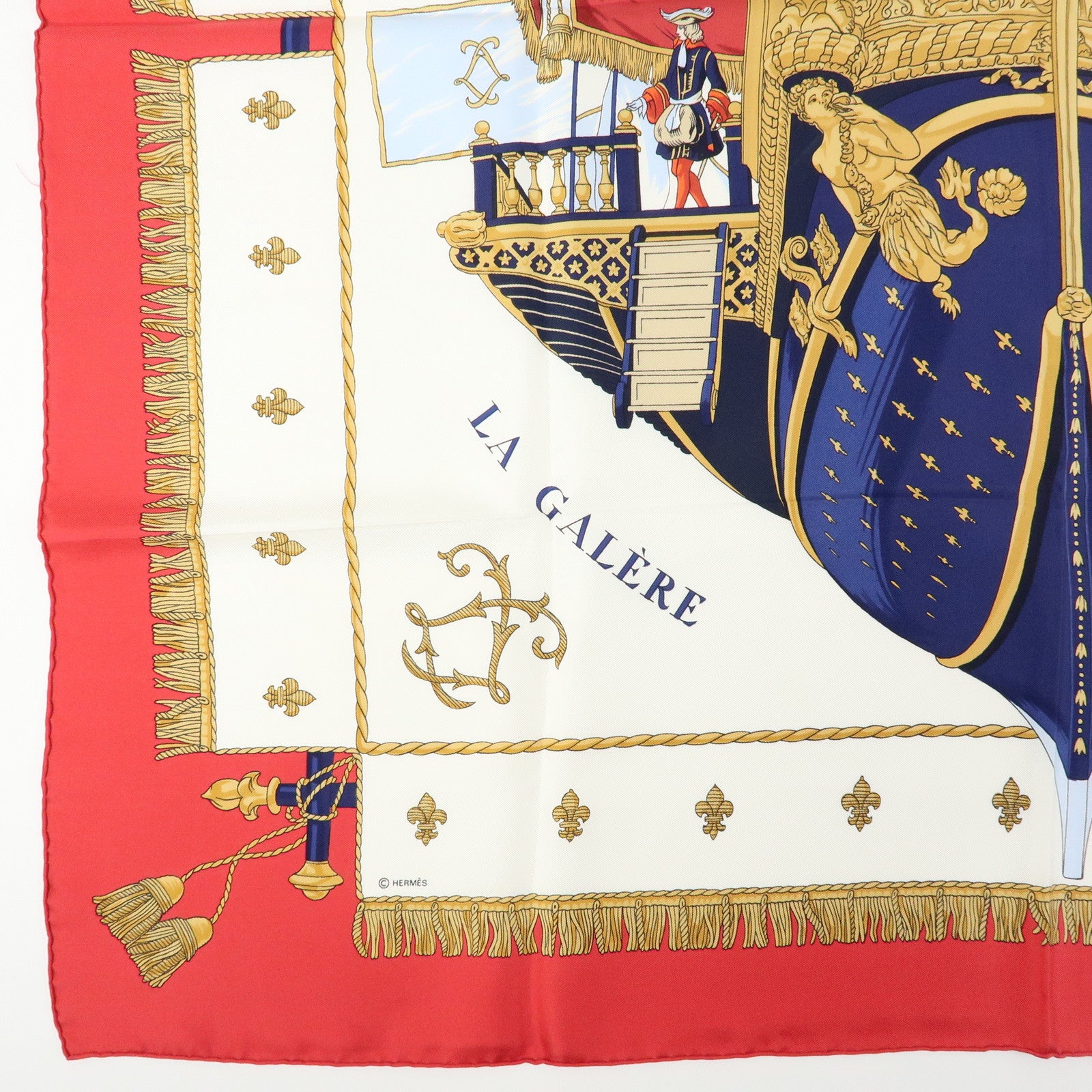 HERMES Carre 90 Silk 100% Scarf VUE DU CARROSSE DE LA GALERE White