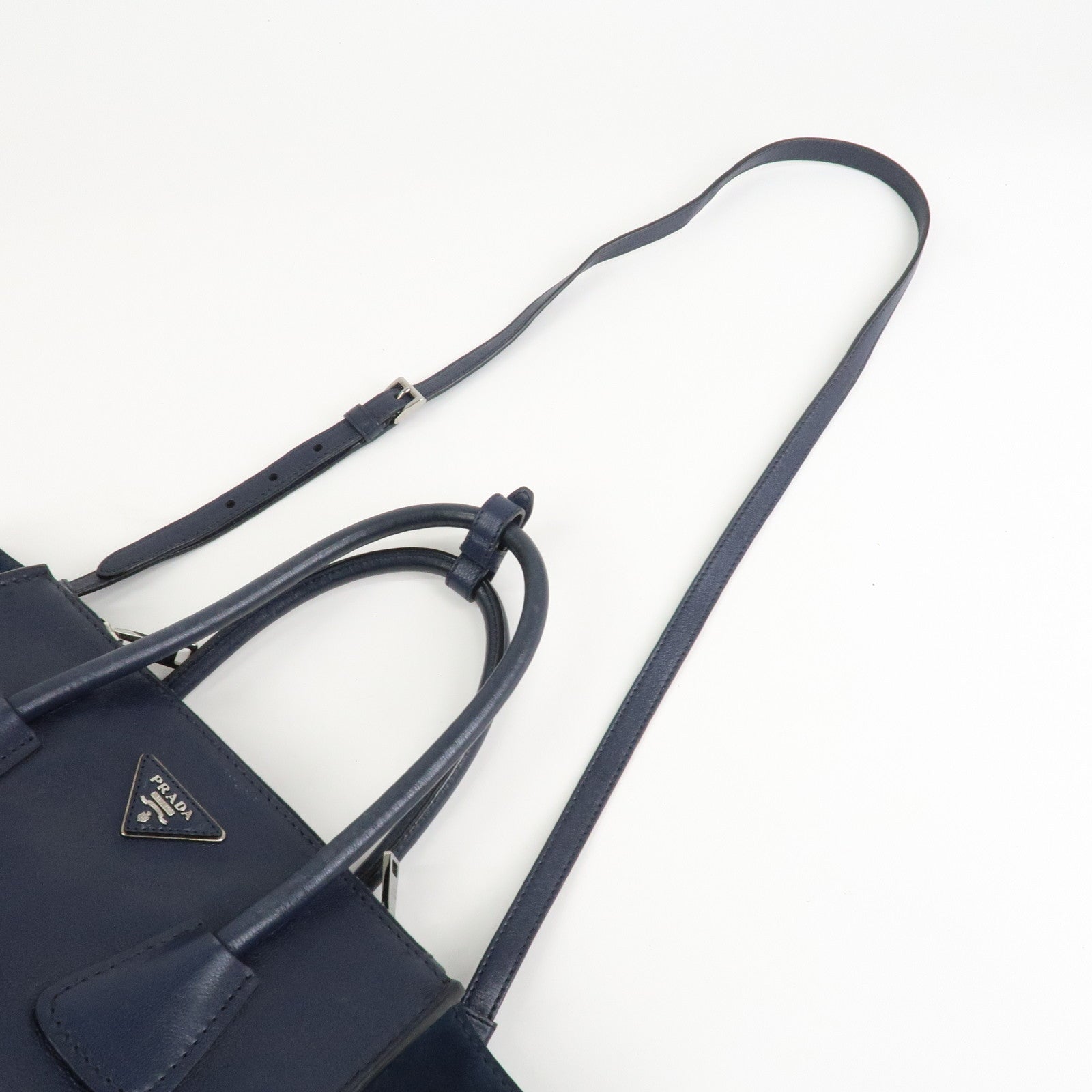 PRADA Triangle Logo Leather 2Way Bag Tote Bag Hand Bag Navy B2625M
