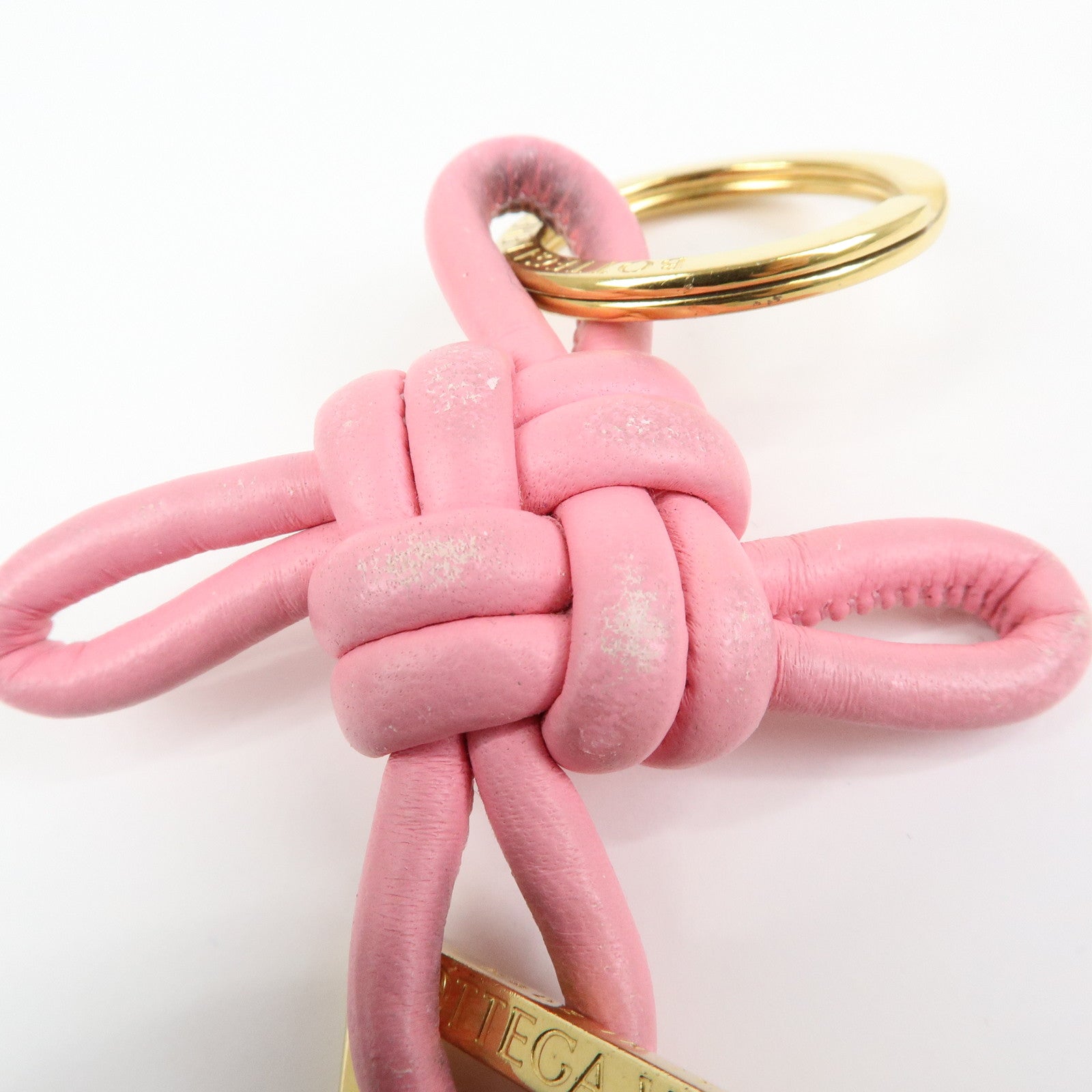BOTTEGA VENETA Leather Metal Bag Charm Key Chain Gold Pink