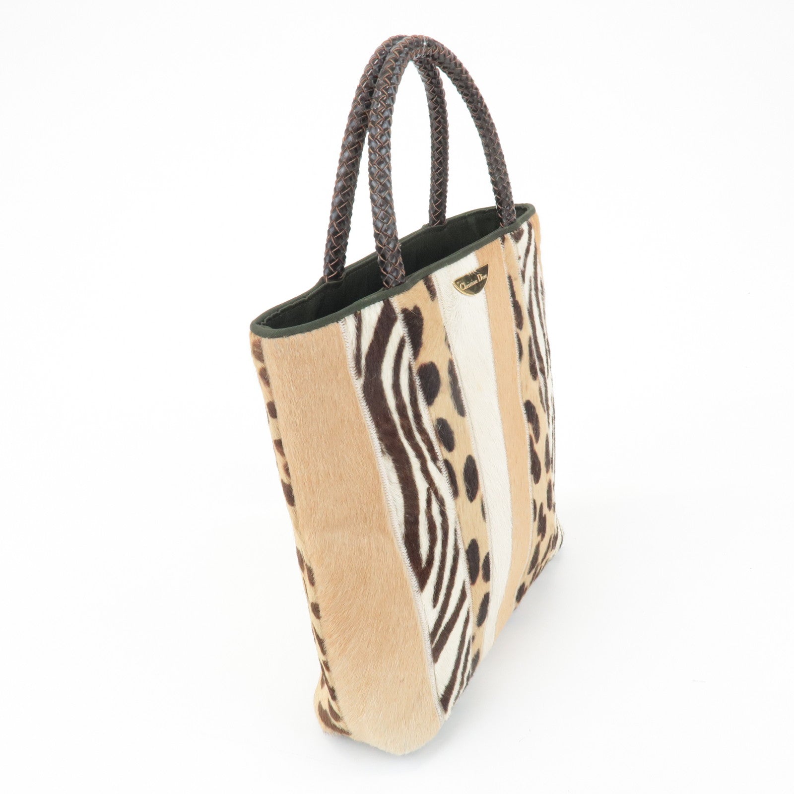 Christian Dior Leather Unborn Calf Tote Bag Leopard Beige Brown Used