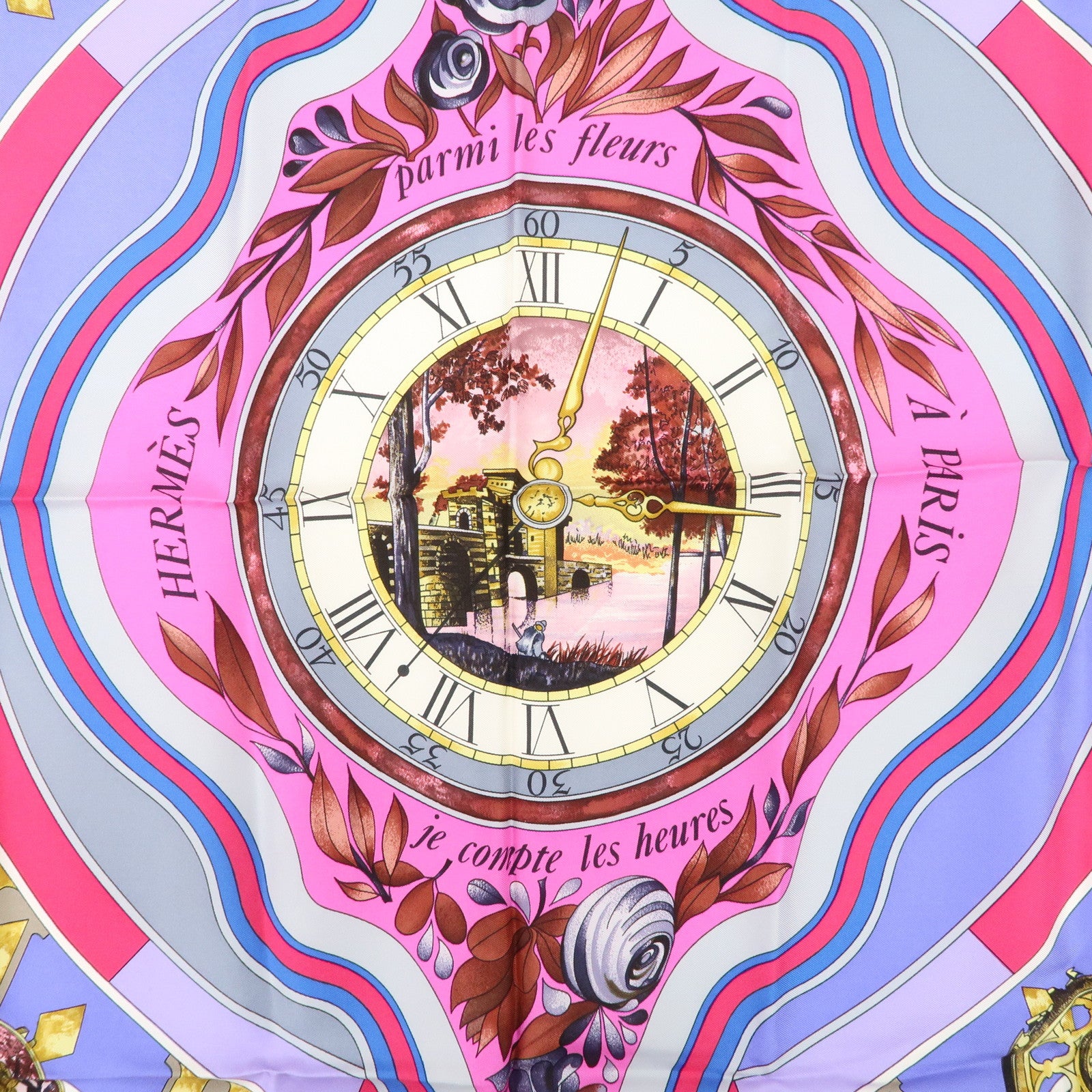 HERMES Carre 90 Silk 100% Scarf Parmi les fleurs je compte les heures Black