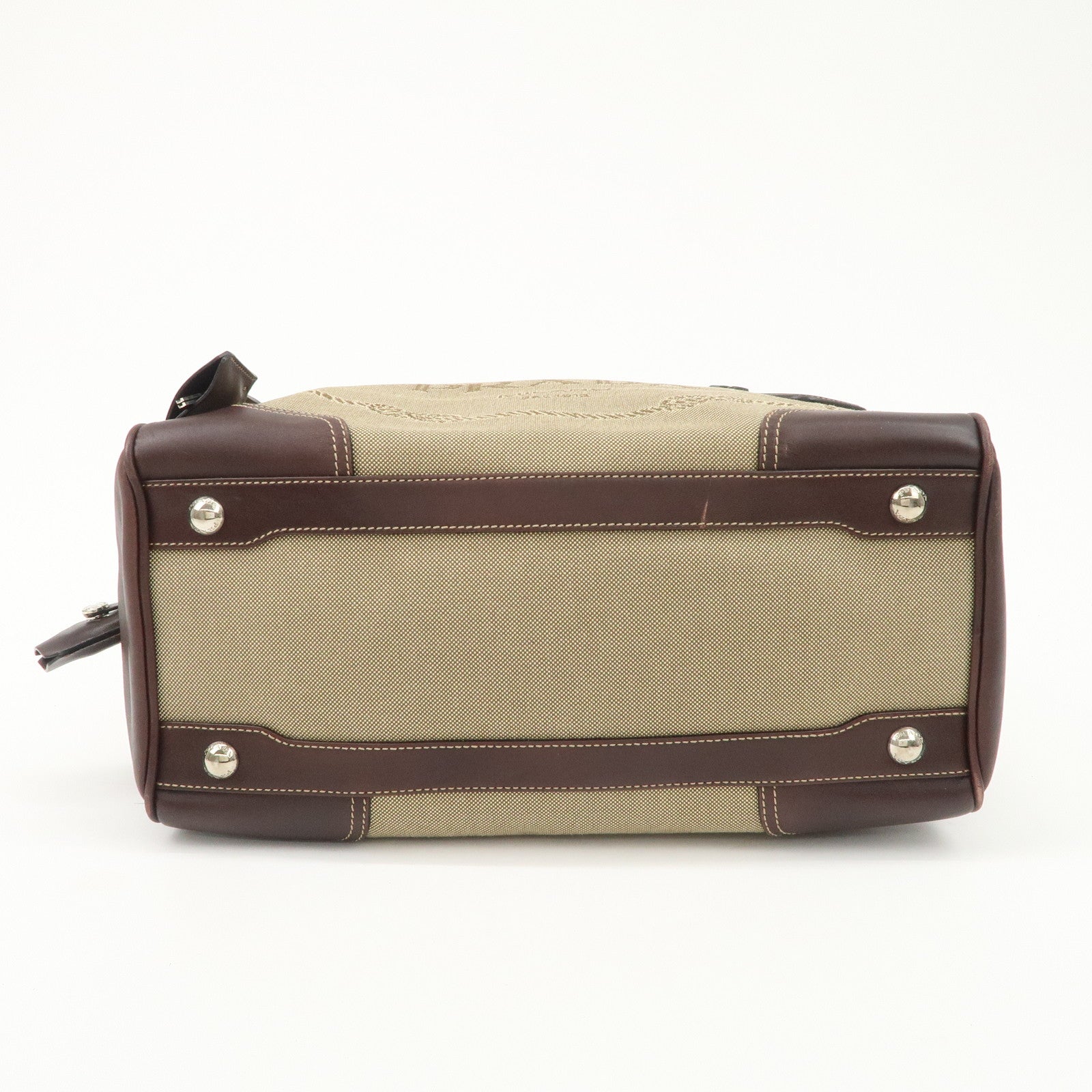 PRADA Logo Jacquard Leather Boston Bag Shoulder Bag Beige BL0260 Used