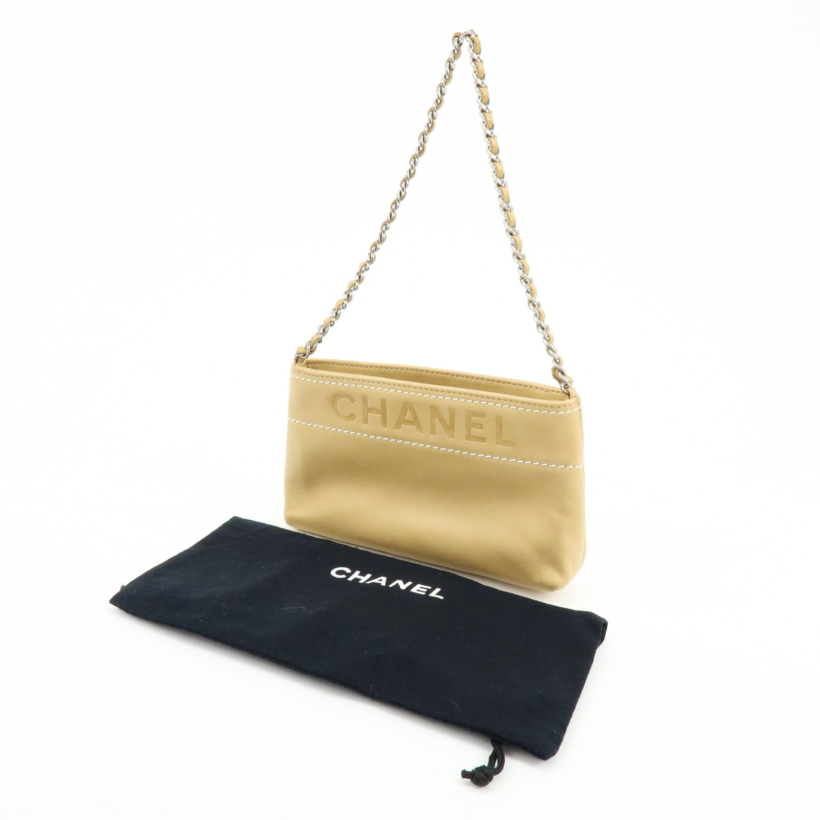 CHANEL Logo Lamb Skin Hand Bag Beige