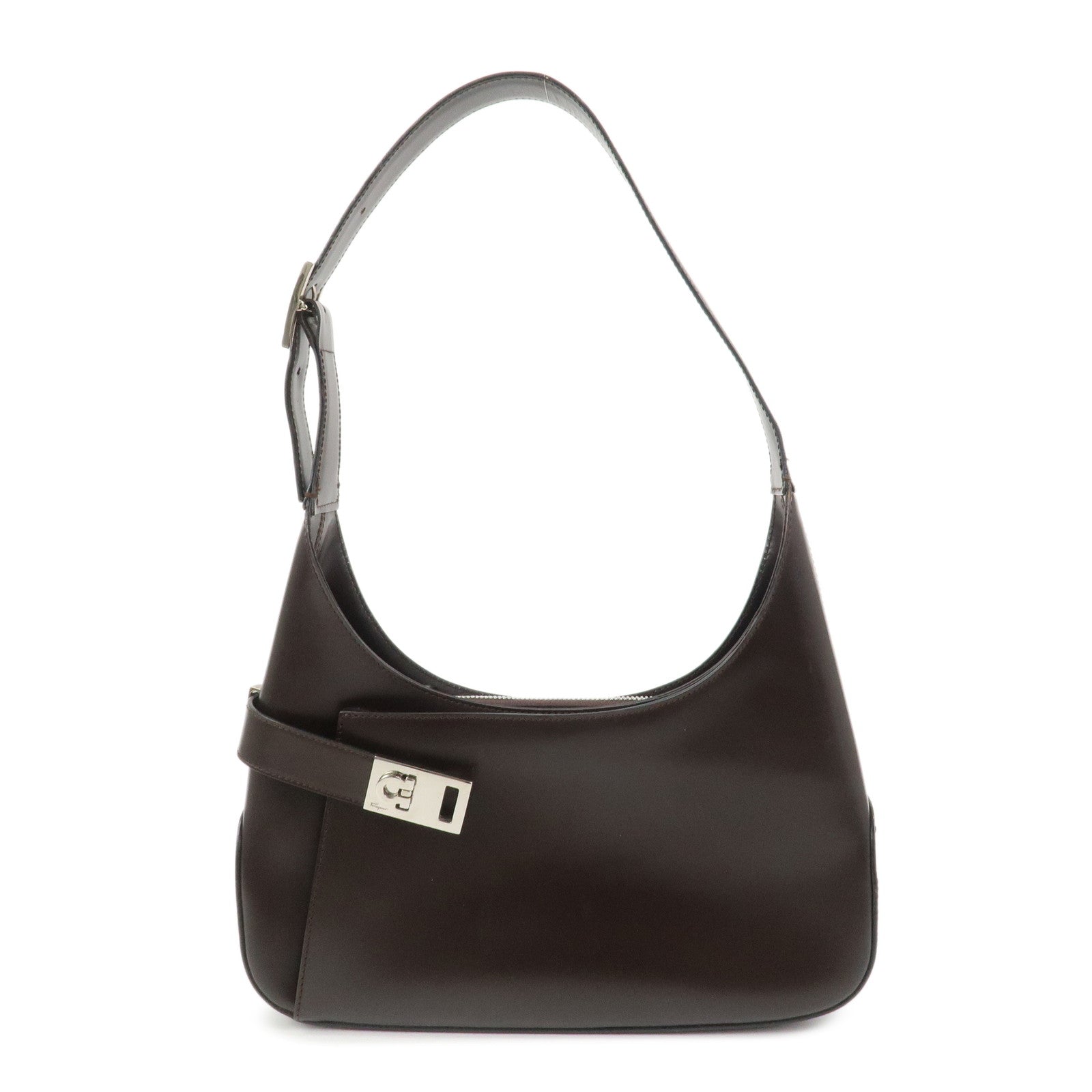 Ferragamo Gancini Leather Shoulder Bag Dark Brown AQ-21 0170